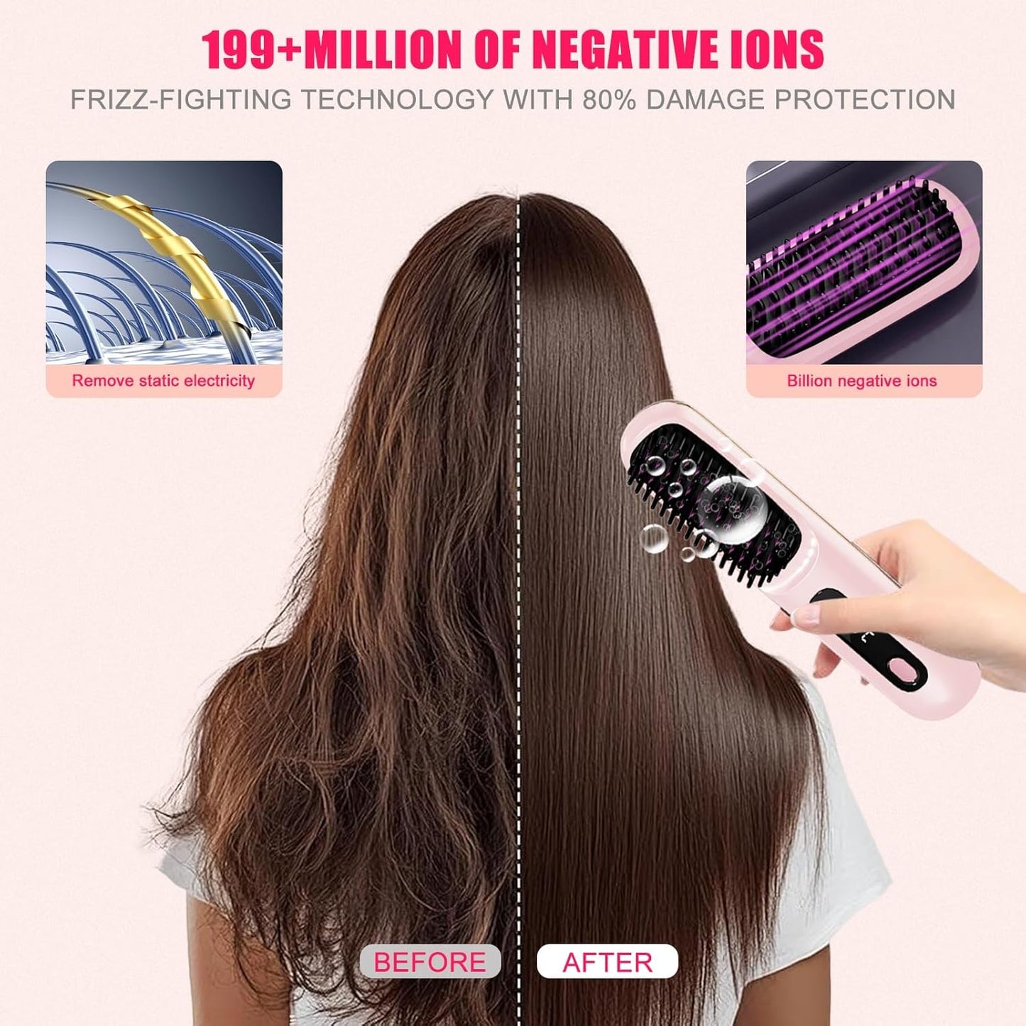 New Go Brush Pro 2025 Cordless Hair Straightener Brush - 20s Fast Heat Up, 50 Min Runtime, 199M Frizz-Fighting Ions, 4-Temp & LED, 3200mAh USB-C, Auto Shut-Off, Travel-Friendly (Pink)