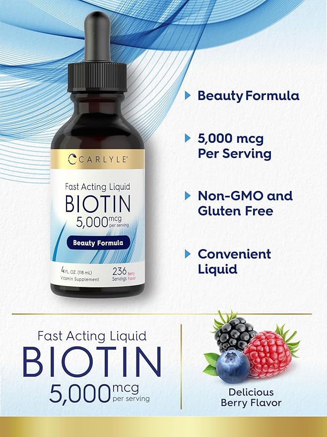 Carlyle Biotin 5000mcg Liquid Drops | 4 fl oz | for Women and Men | Berry Flavor | Beauty Formula | Vegetarian, Non-GMO & Gluten Free Supplement