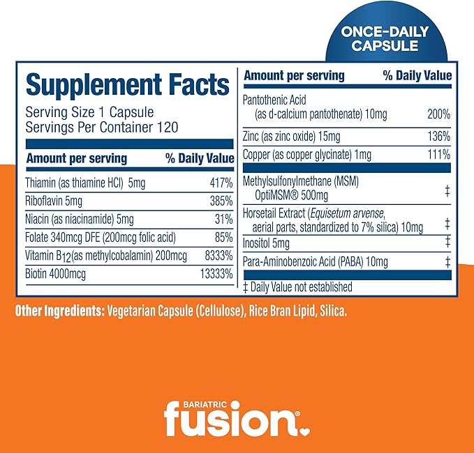 Bariatric Fusion ONE Per Day Bariatric Hair Skin and Nails Vitamins REJUVENATOR for Women | Vegan Hair Growth Vitamins with Biotin, Vitamin B12, and B1 | Easy to Swallow | 120 Capsules