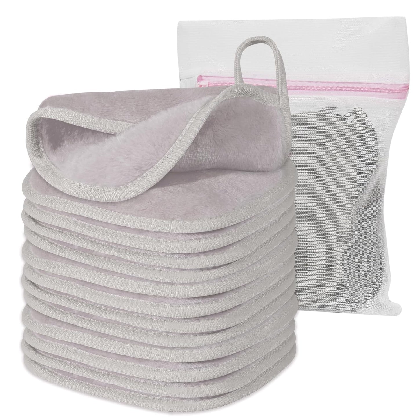 Makeup Remover Cloth, 6" x 6" Make Up Towels Reusable Face Cloth for Washing Face, 12 Pack Makeup Remover Pads Microfiber Face Washcloth with Mesh Bag, Light Grey