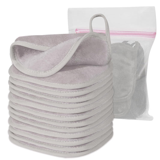 Makeup Remover Cloth, 6" x 6" Make Up Towels Reusable Face Cloth for Washing Face, 12 Pack Makeup Remover Pads Microfiber Face Washcloth with Mesh Bag, Light Grey