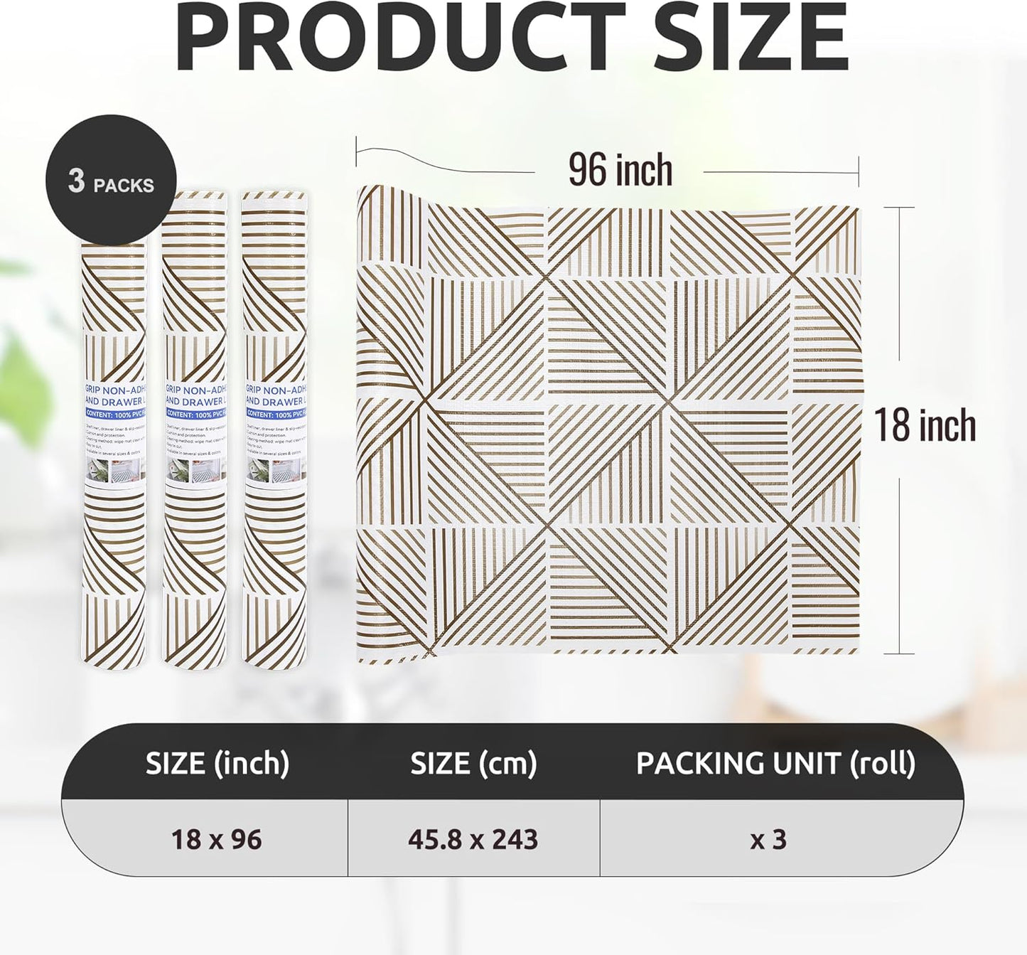 RAY STAR 18X96 Inch Shelf Liner for Kitchen Cabinets, Non-Adhesive Cabinet Liner Washable, PVC Drawer Liner for Dresser Non-Slip Bathroom (Classic)(3 Roll)