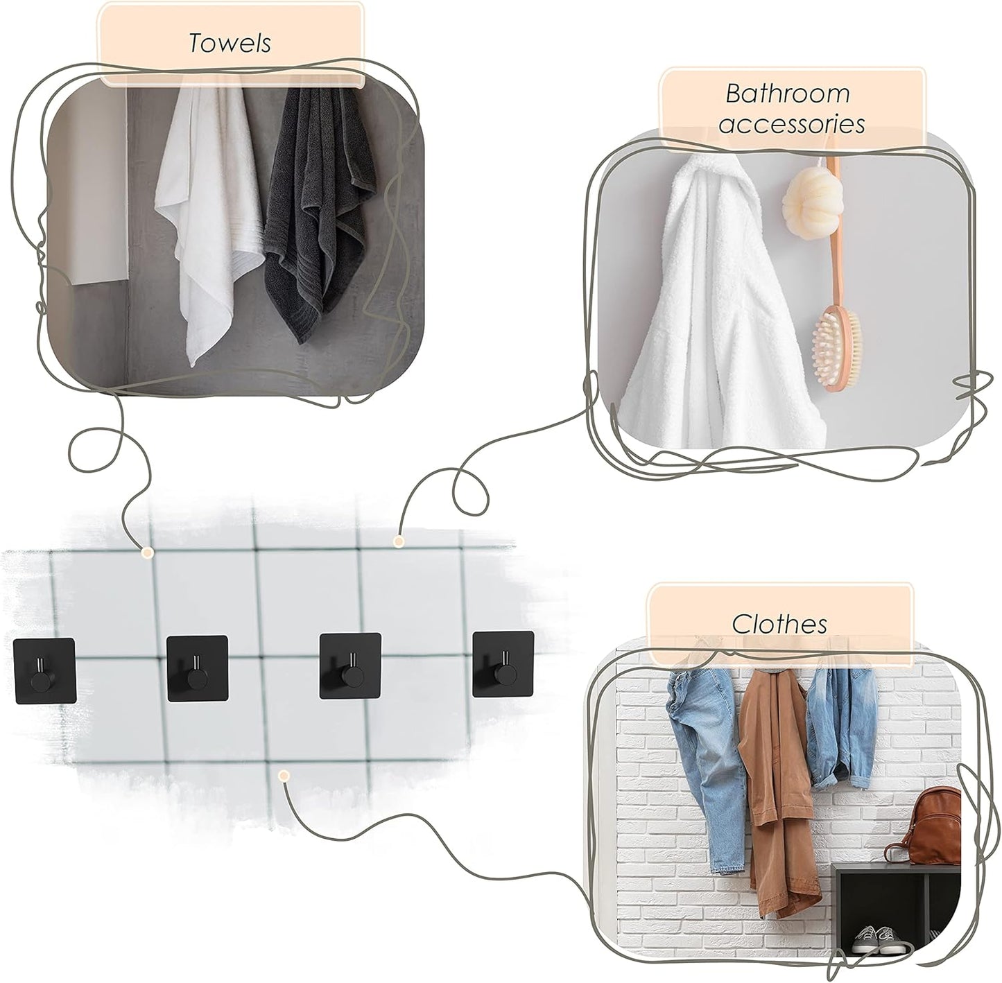 Matte Black Self Adhesive Towel Hooks for Bathroom Wall Door Mounted - SUS304 Stainless Steel Strong Strips Stick on 3M Wall Hooks for Hanging Coat, Hat, Bag, Key, Jacket – 8 Pack