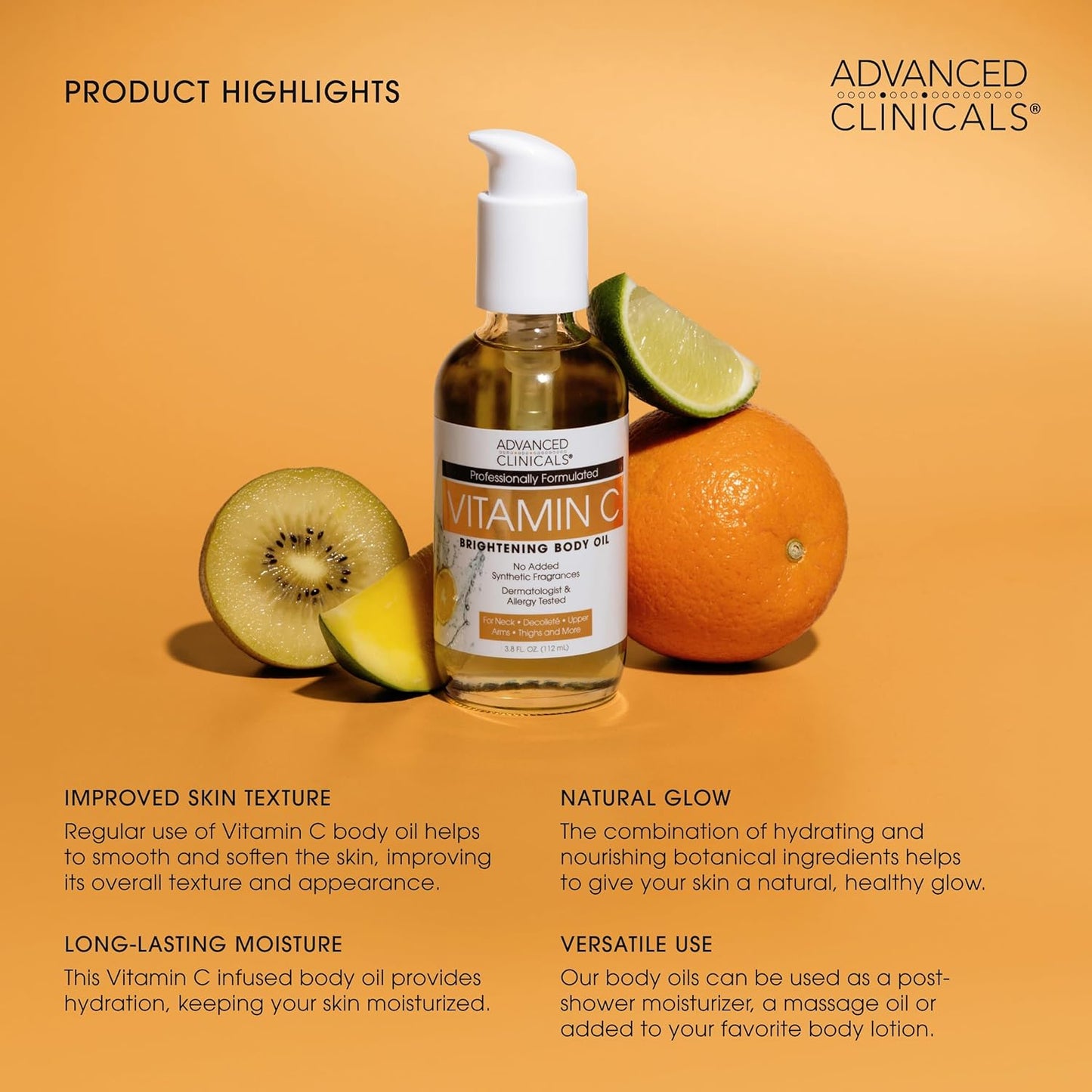 Advanced Clinicals Vitamin C Brightening Body Oil For Women & Men | Vitamin C Oil Skin Care Body Moisturizer With Vitamin E + Botanicals To Help Improve Appearance Of Dark Spots + Dry Skin, 2PC