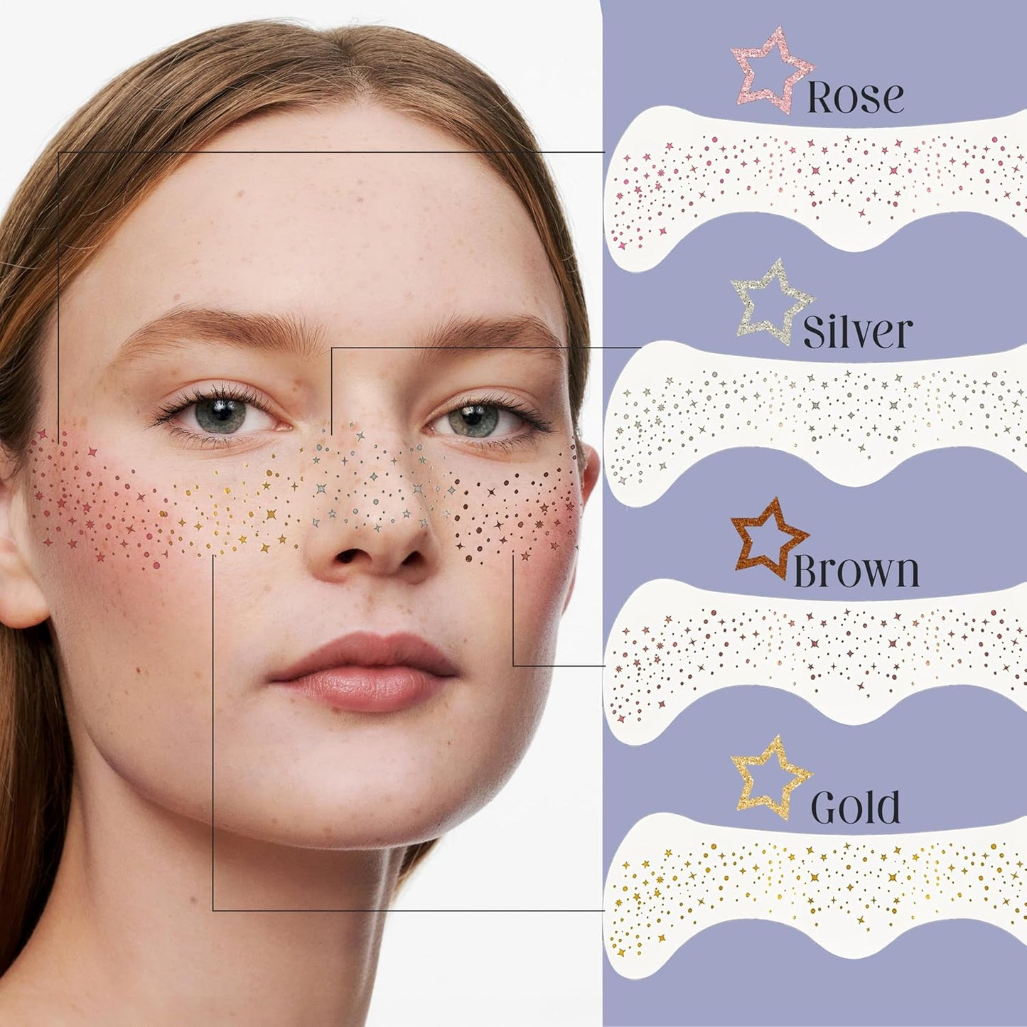 Glitter Freckles Face Tattoo, 10 Pcs Rose Gold Face Glitter Freckles for Women, Festival Outfits for Women Rave Accessories Fake Tattoos, Sparkle Makeup Patches, Waterproof Speckles Patches