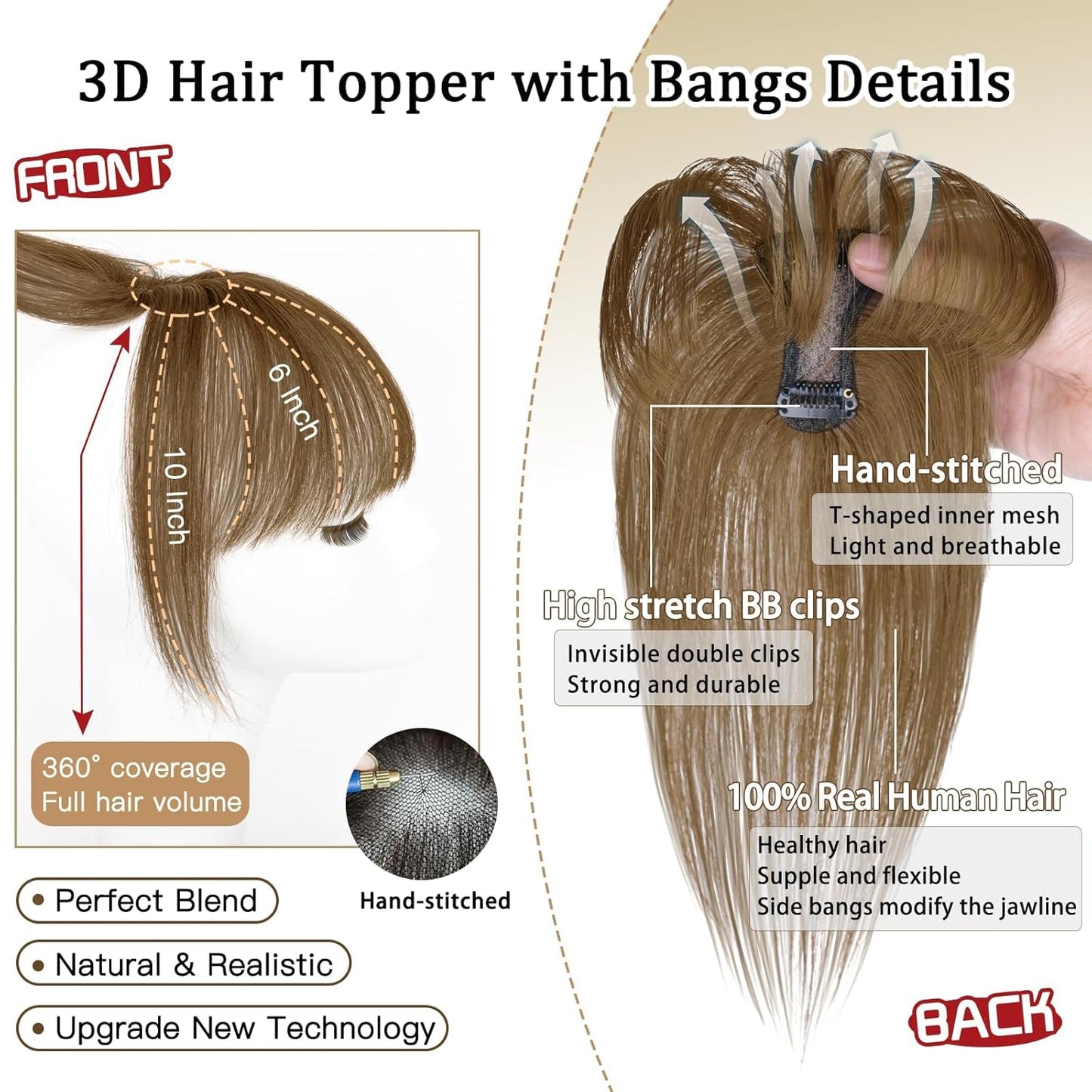 MORICA Bangs Hair Clip, 360° 3D Cover Clip in Bangs 100% Real Human Hair Toppers with Bangs，Hair pieces for Women Fake Bangs for Daily Wear (Light Brown, 5×7 3D Bangs)