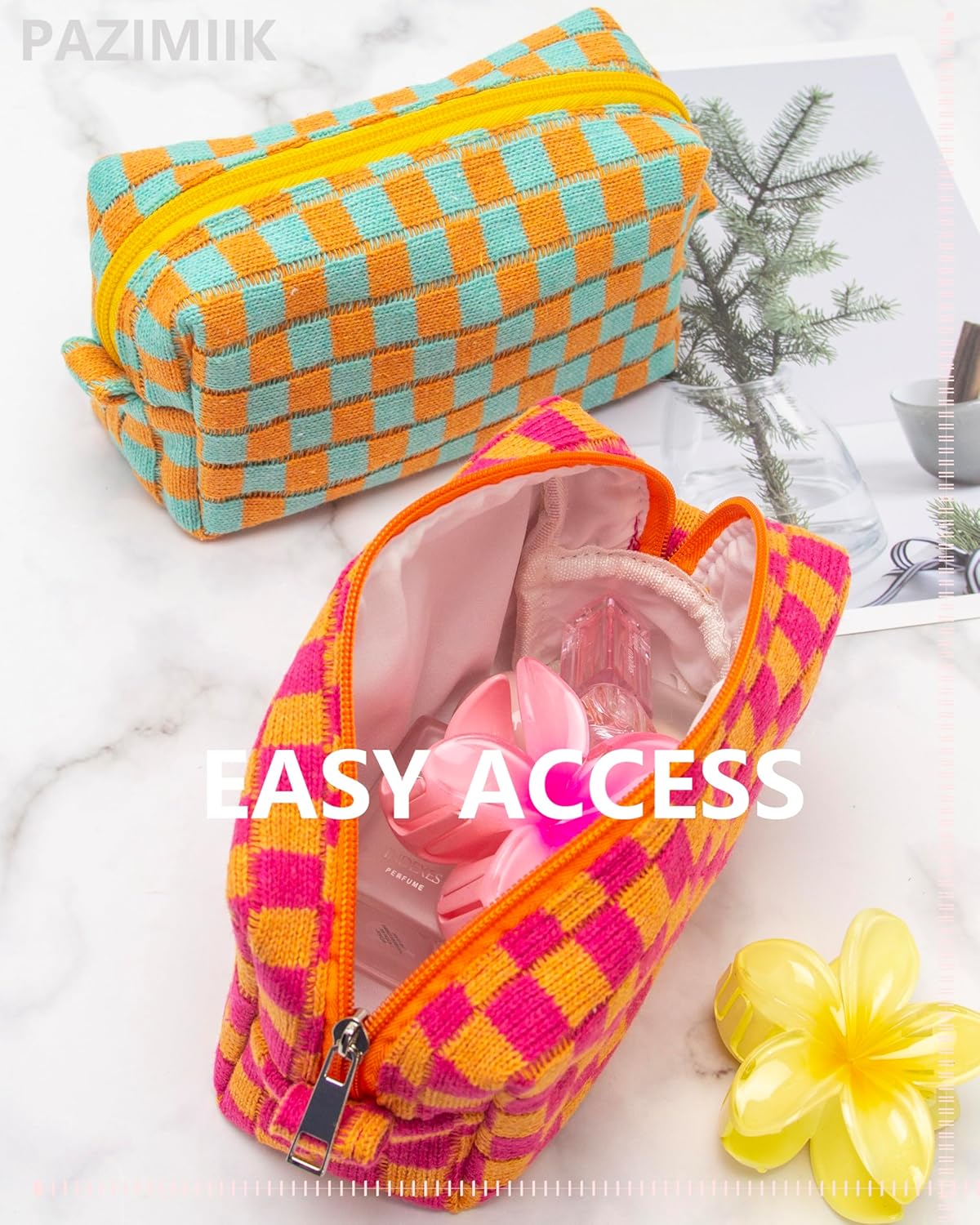 PAZIMIIK 6PCS Checkered Makeup Bag for Purse Portable Zipper Make Up Pouch Small Cosmetic Case for Travel Red Orange