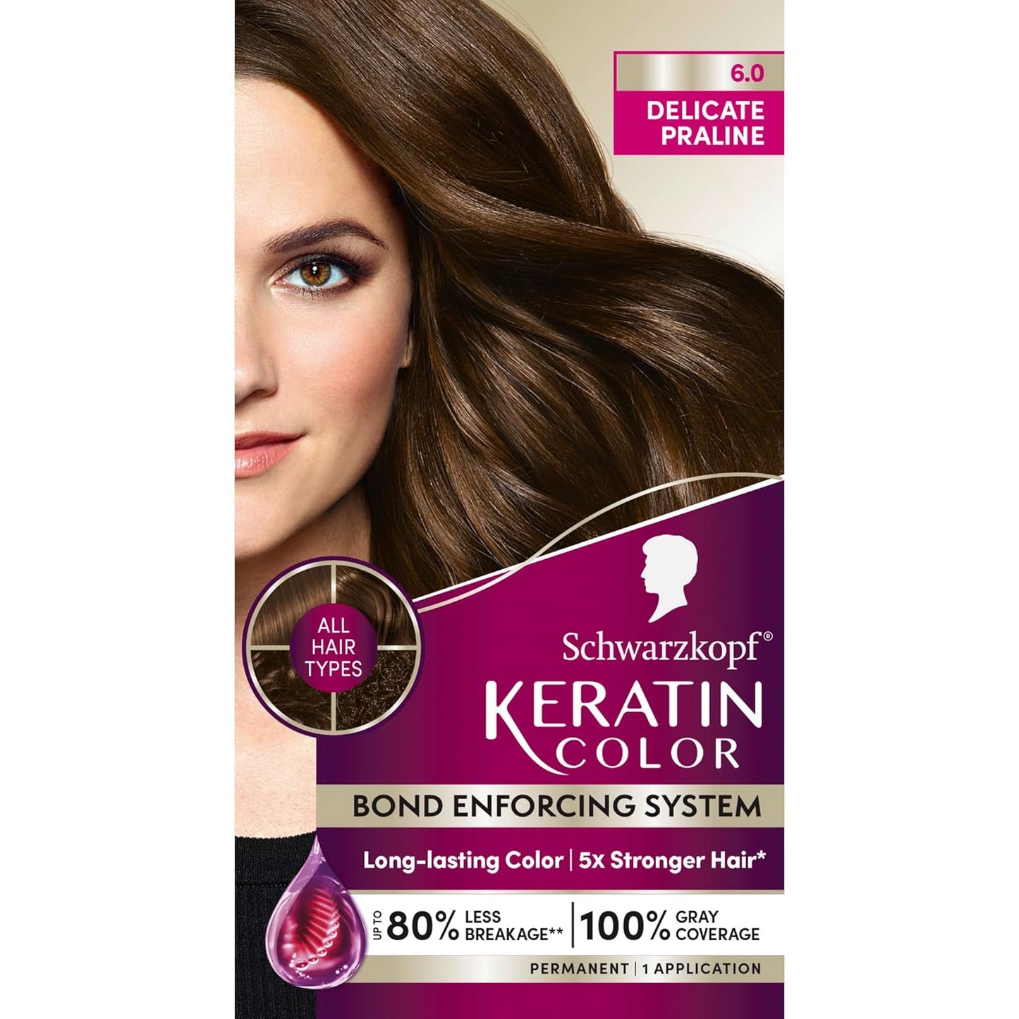 Schwarzkopf Keratin Permanent Hair Dye Cream, 6.0 Delicate Praline, Professional Quality Color for Up to 100% Gray Coverage, Bond Enforcing System