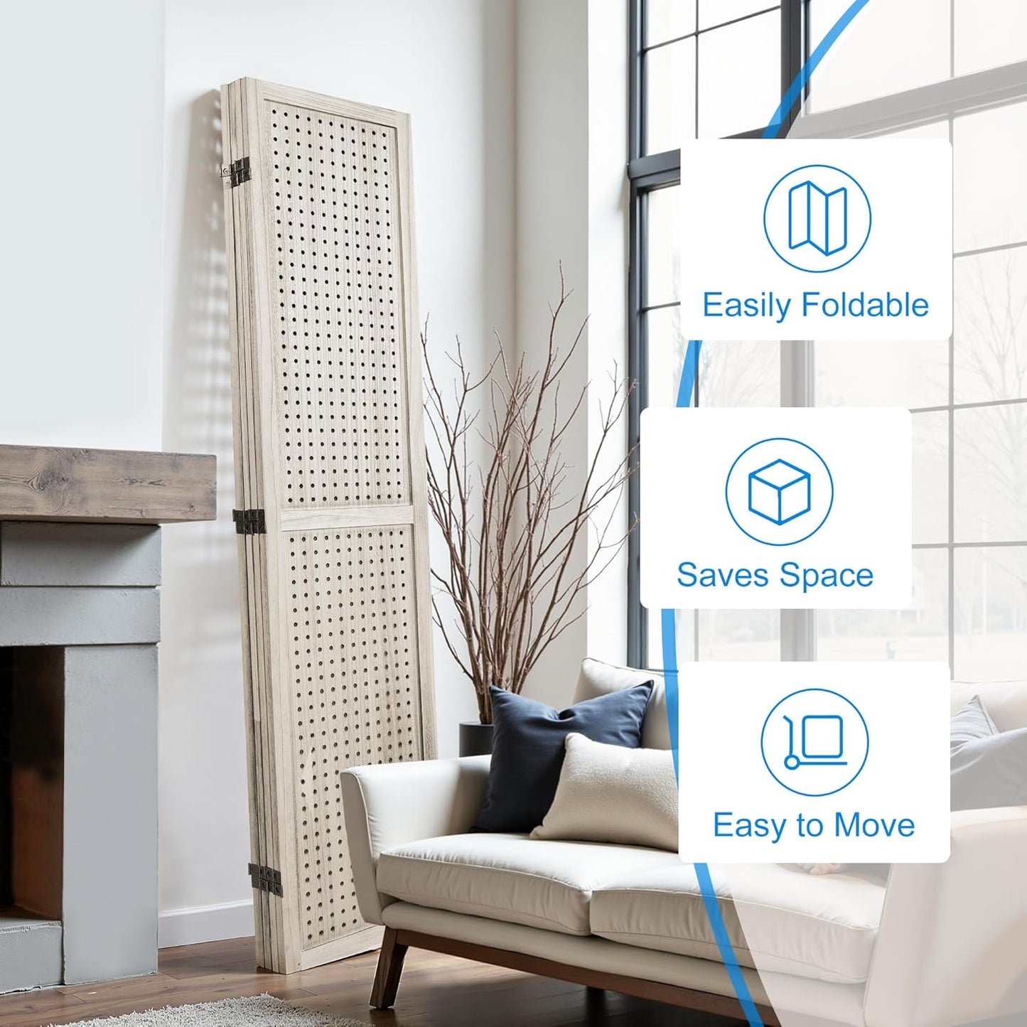 4 Panel Room Divider with Pegboard Display 5.6FT Wood PegBoard Room Dividers, Folding Privacy Screens Portable Freestanding Partition Wall Divider for Art Shows & Room Separation, Natural Wood