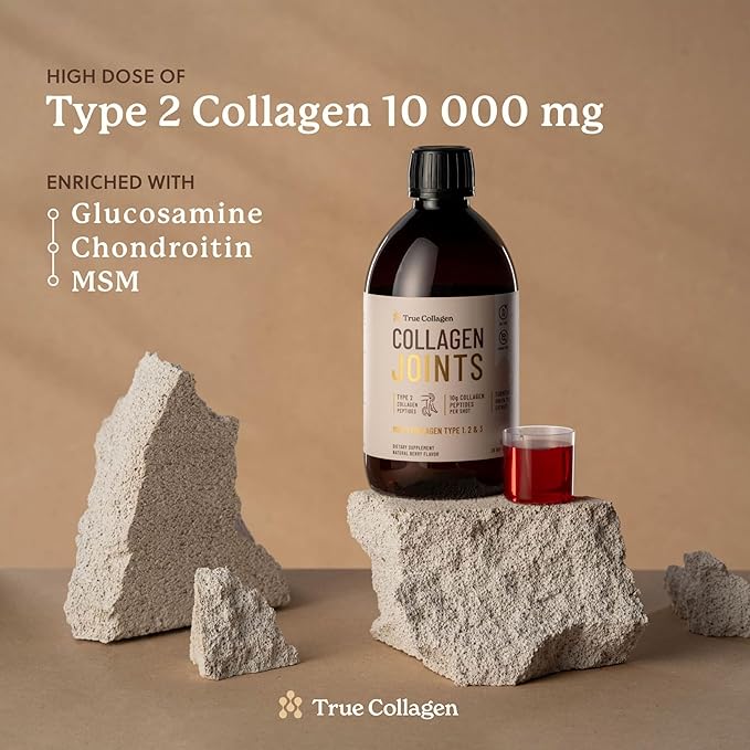True Collagen Joints | 10,000 mg Hydrolyzed Collagen Liquid Supplement - 500 ml, 20 Day Supply | Glucosamine, MSM and Chondroitin to Support Joints | Fat-Free, Sugar-Free, 100% Natural Berry Flavor