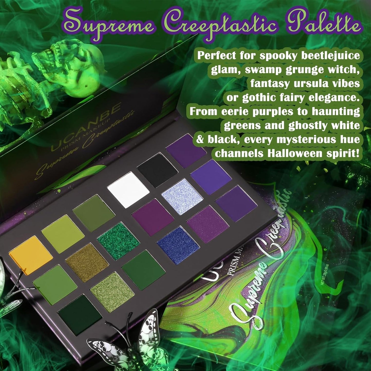 Green Purple Goth Eyeshadow Palette Makeup- 18 Colors Matte Shimmer Metallic Bright & Dark Smoky Gothic Eye Shadows for Halloween Christmas Grinch Witch Beetle-juice Ursula SFX Cosplay Costume Make Up