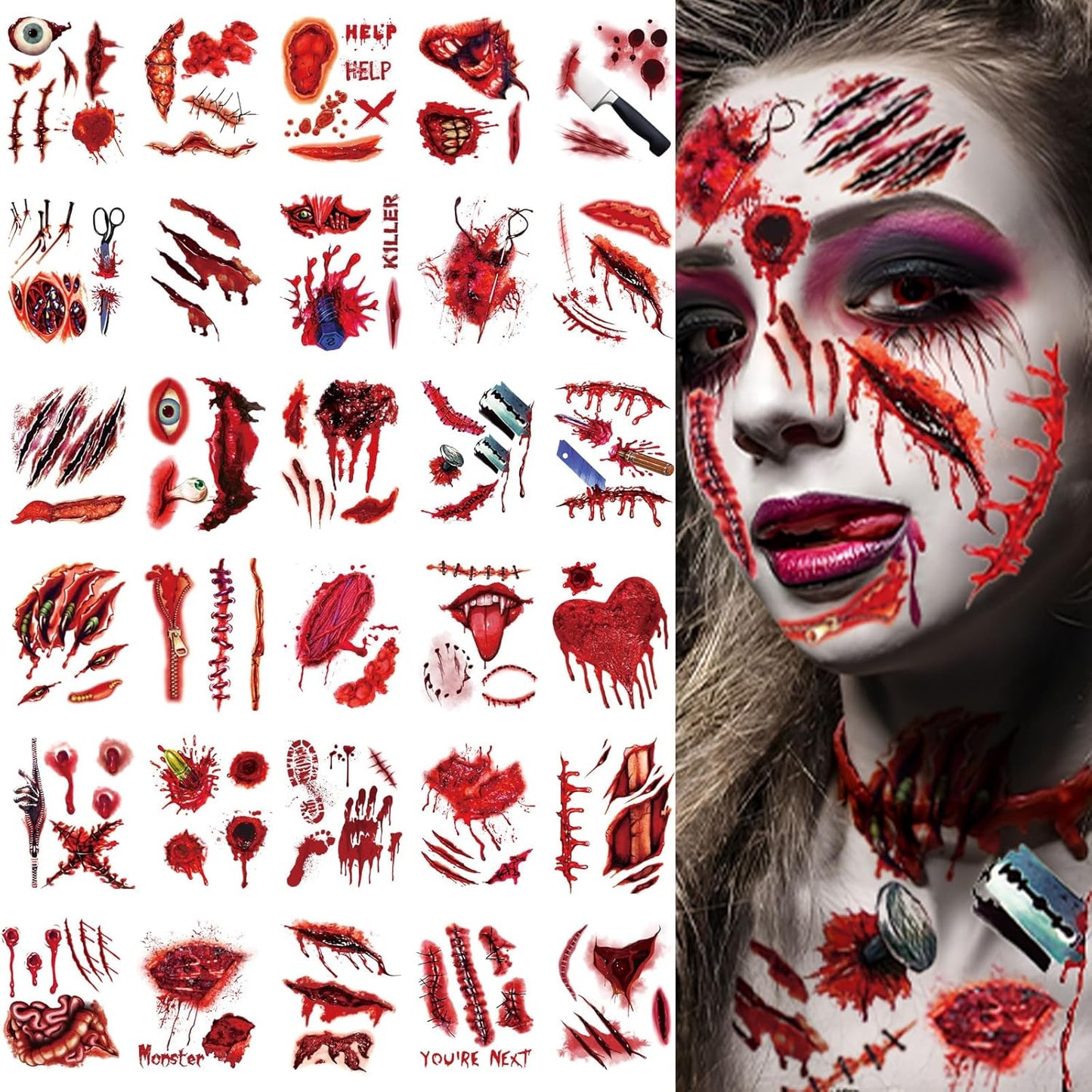 XZENTIRA 30 Sheets Halloween Zombie Temporary Tattoos, Fake Scars Tattoos, Horror Realistic Wound Stitch Face Body Makeup Sticker, Scar Fake Blood Tattoos for Women Men Kids Halloween Party