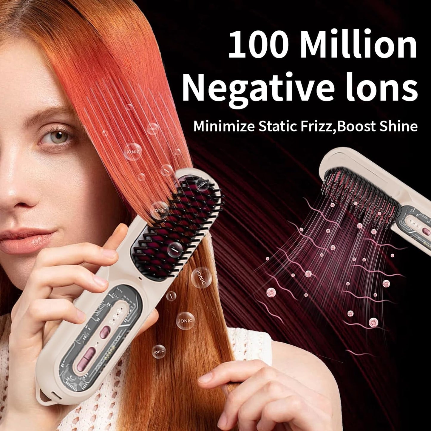 Travel Brush for Women, Portable Cordless Hair Straightener Brush, Mini Hair Straightener with 9600mAh Battery, Fast Charging & 100M Negative Ions - Cordless Portable Styler for On-The-Go (Pink)