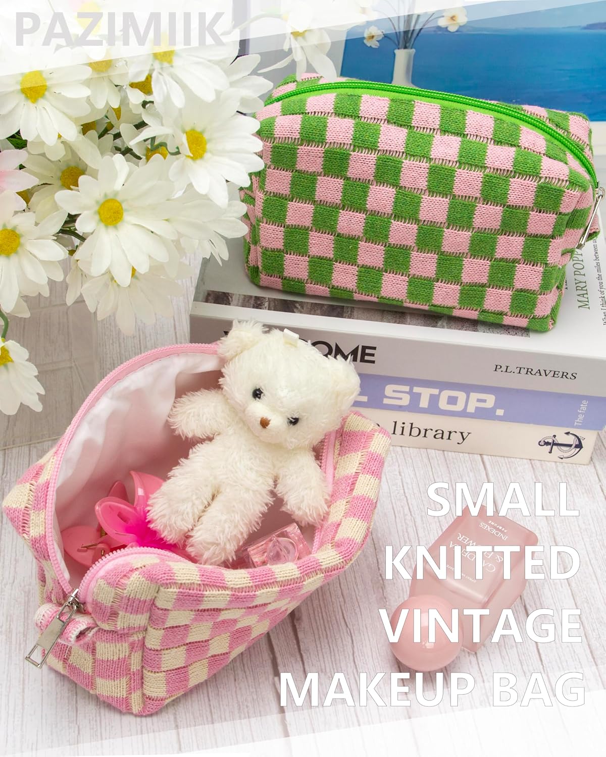 PAZIMIIK 2PCS Checkered Makeup Bag for Purse Portable Zipper Make Up Pouch Small Cosmetic Case for Travel Accessories Pink Beige