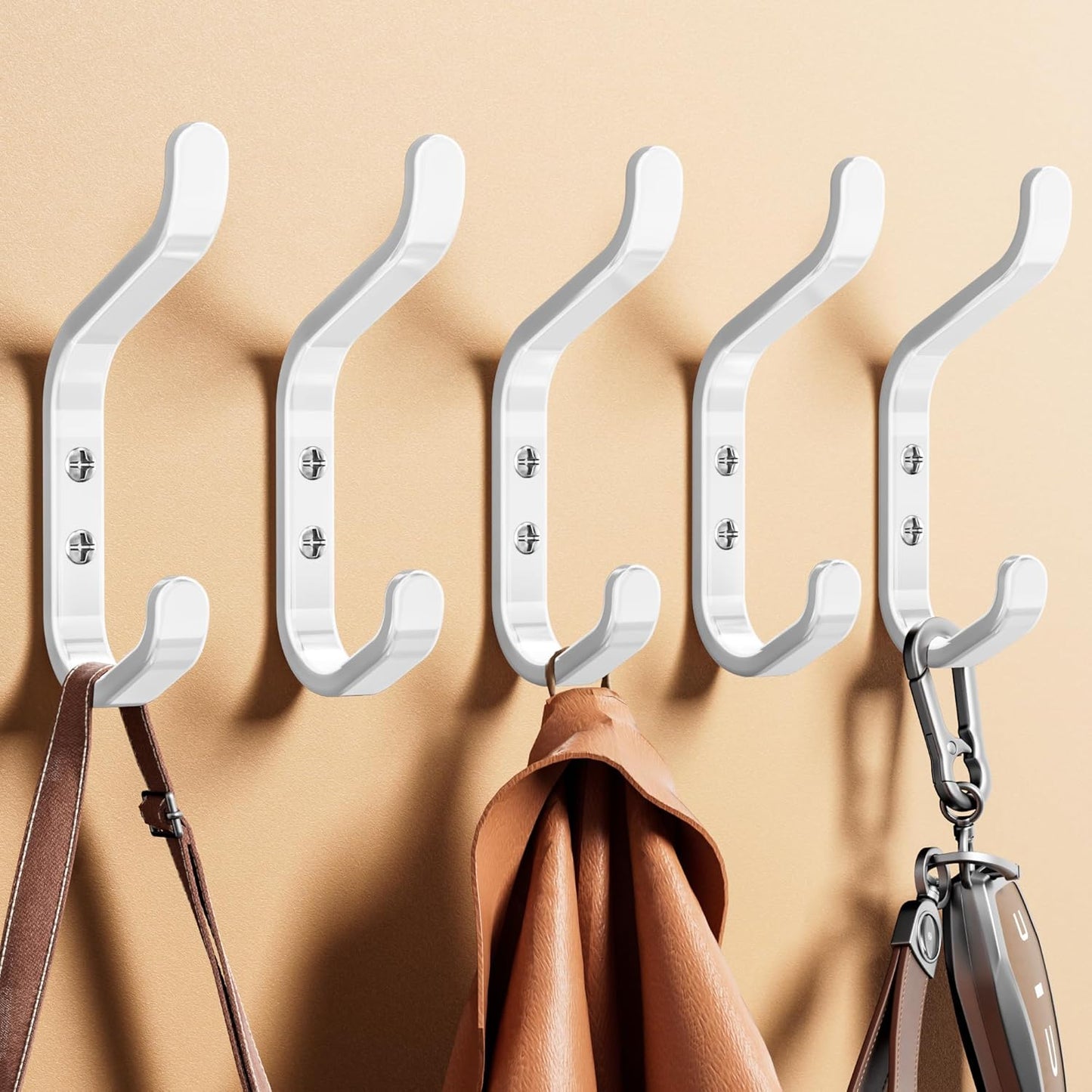 White Coat Hook for Hanging - Backpack Hook 5 Pack Wall Mount for Backpack, Bag, Keys and Towel, Double Hook in Closet, Entryway, Door, Bathroom and Workshop, Hold Up to 22Lbs.