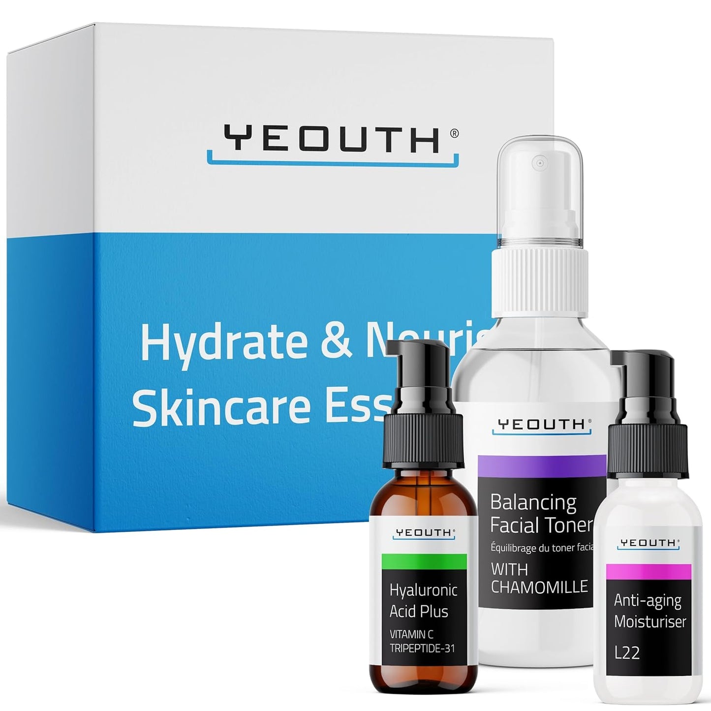 YEOUTH Skin Care Set: Hyaluronic Acid Serum with Vitamin C, Face Toner, Face Moisturizer, Skincare Kit for Hydrating and Smooth Looking Skin, Facial Kit 3-Piece