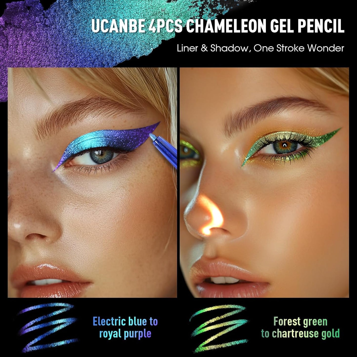 UCANBE 2PCS Chameleon Eyeshadow & Eyeliner Gel Pencil Set - Multichrome Shifting Colors Metallic Glitter Eye Makeup,Waterproof Long-Lasting Smudge-Proof Multi-Dimensional Color