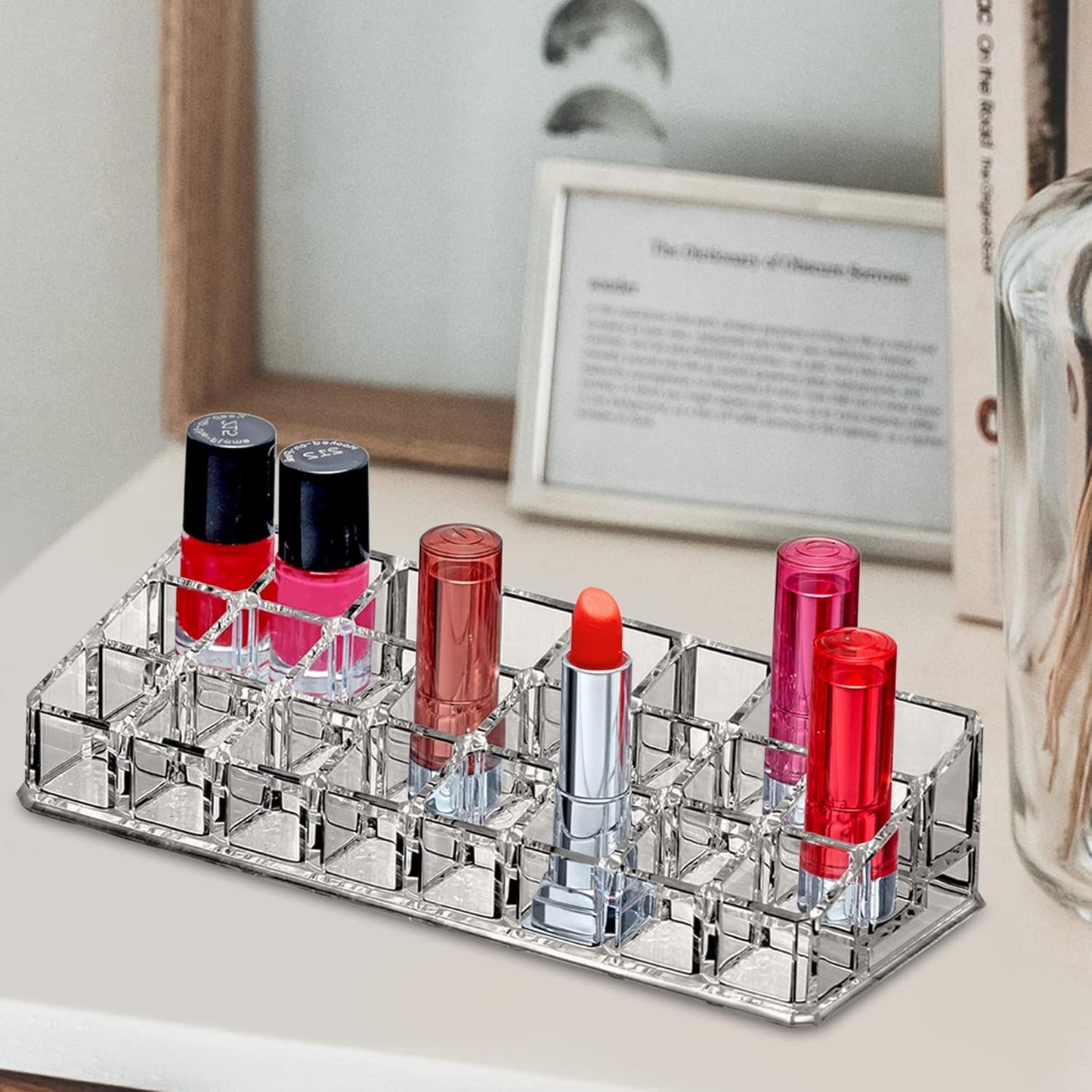 Amazing Abby - Glamour - 24-Slot Acrylic Lipstick Organizer, Lipstick Holder, Lip Gloss Holder, Cosmetic Storage Display, Perfect Storage Solution for Drawer and Vanity (Slot Size: 0.9" x 0.9")