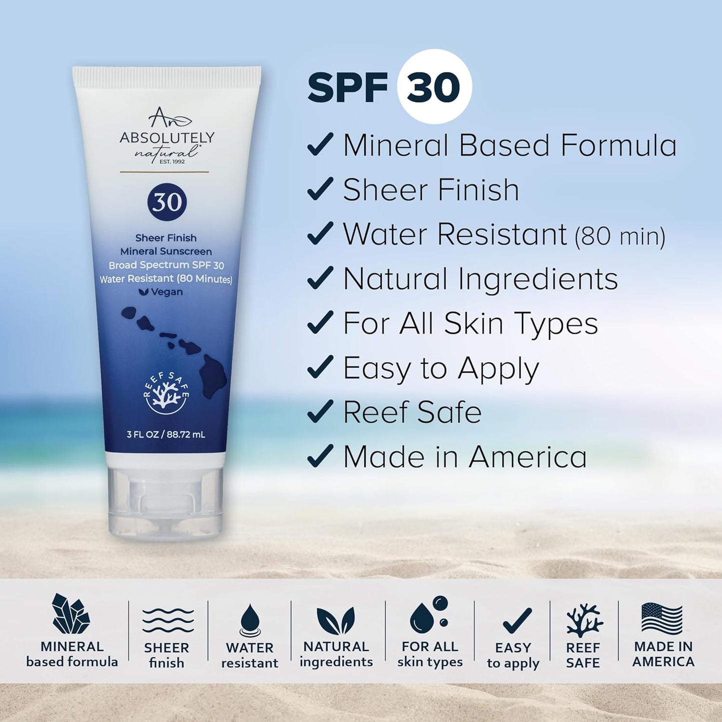 Absolutely Natural - SPF 30 Mineral Sunscreen - Broad Spectrum Water Resistant Moisturizer Lotion For Body & Face - With Non-Nano Zinc Oxide, Vitamin E, & Antioxidants - Made in USA, 3 Oz