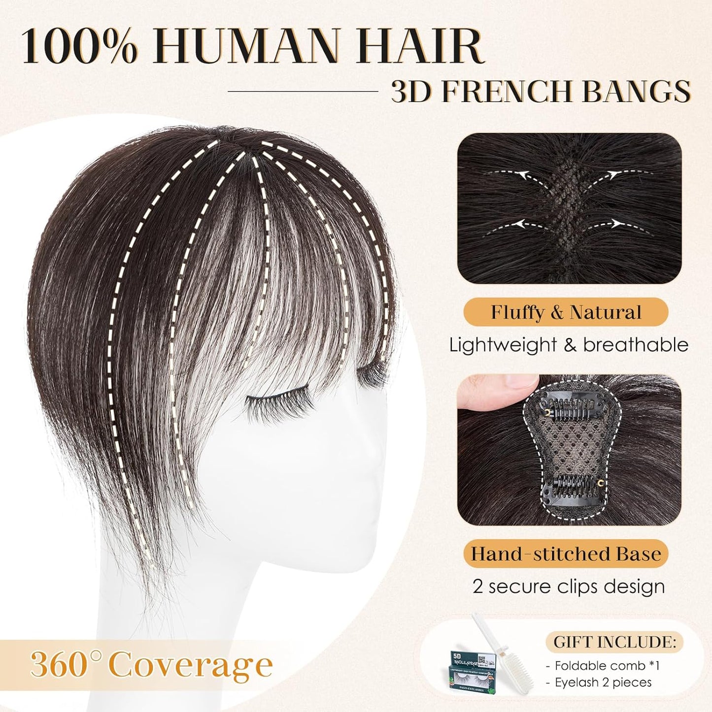 S-noilite Bangs Hair Clip,360° 3D Cover Real Natural Black Clip in Bangs Human Hair Toppers for Women With Wispy Bang Daily Wear