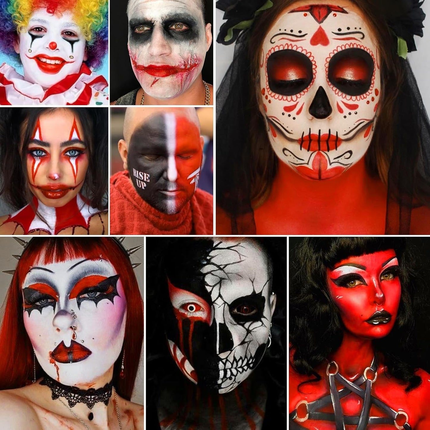 Black White Red Face Paint Kit – Large 50g Oil-Based Grease Makeup Set with Remover Balm, 5 Brushes & 4 Sponges – Waterproof, Full Coverage Halloween, Cosplay & Stage SFX Makeup