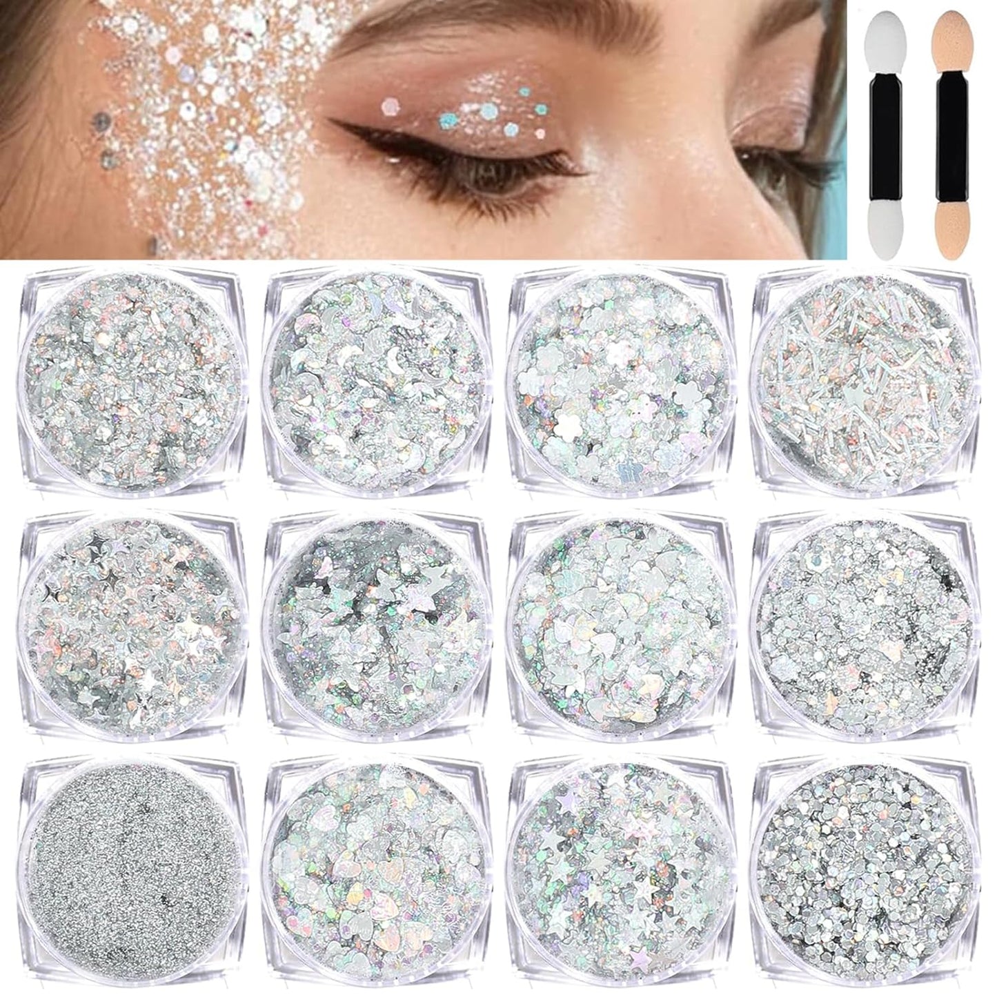 Body Glitter Face Glitter, Hair Glitter for Kids, 12 Shapes Fine Chunky Glitter Gel for Women Girls Makeup Sparkles Party Mermaid Sequins Rave Accessories Singer Concerts Festival (Silver Scheme)