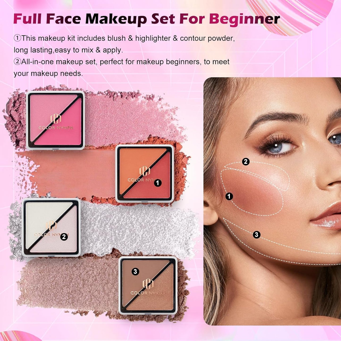 Color Nymph Makeup Kit for Teen Girls, All-in-One Beginner Makeup Set with Eyeshadow, Blush, Highlighter, Bronzer, Contour, Lipsticks, Eyeliner, Brushes & Mirror in Train Case (Starry Black)