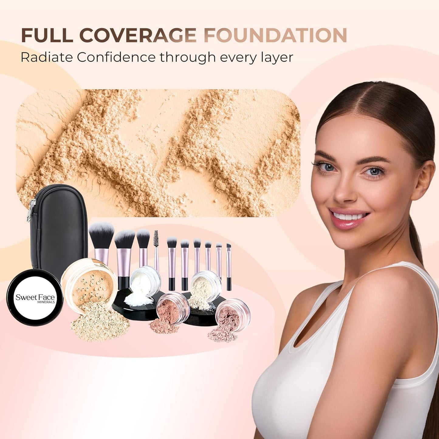 16pc Beginner Mineral Makeup STARTER KIT with 10 BRUSH SET (5gm)Sample Size Foundation, Primer, Blush, Bronzer, Setting Powder for Learning, Occasional Use & First Time Users, Travel Size Kit (Fair 1)