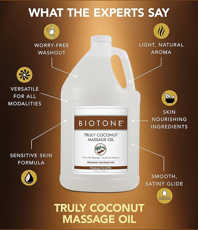 BIOTONE Truly Coconut Massage Oil with Organic Coconut Oil, Melts Away Tension and Promotes Deep Relaxation, Light, Versatile, Long-Lasting, Easy Wash-Out, Can Also Use as a Bodycare Oil
