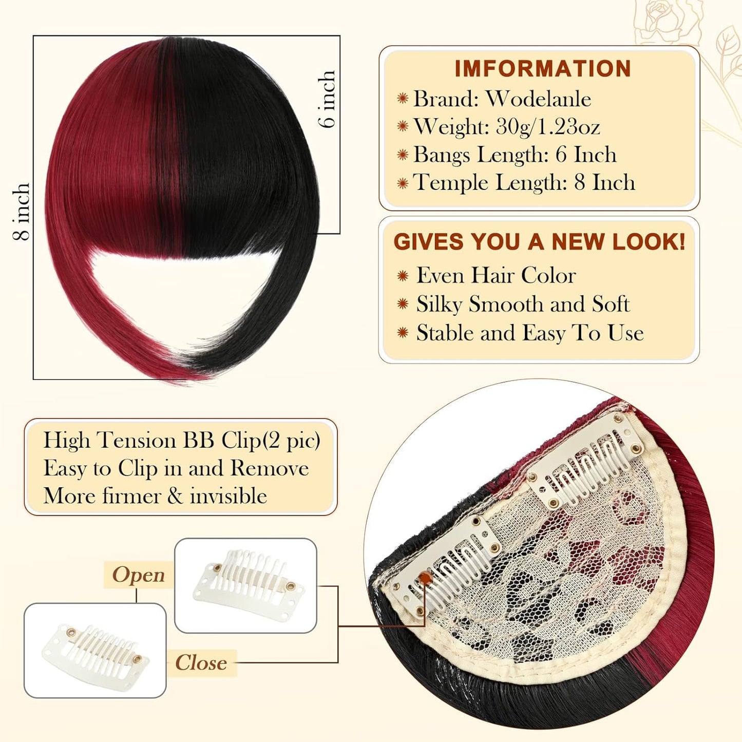 Bangs Hair Clip in Bangs, Fake Bangs Natrual Clip in Hair Extensions, Easy to Use Faux Bangs Clip on Bangs, French Bangs Fringe with Temples Hairpieces Curved Bangs for Cosplay