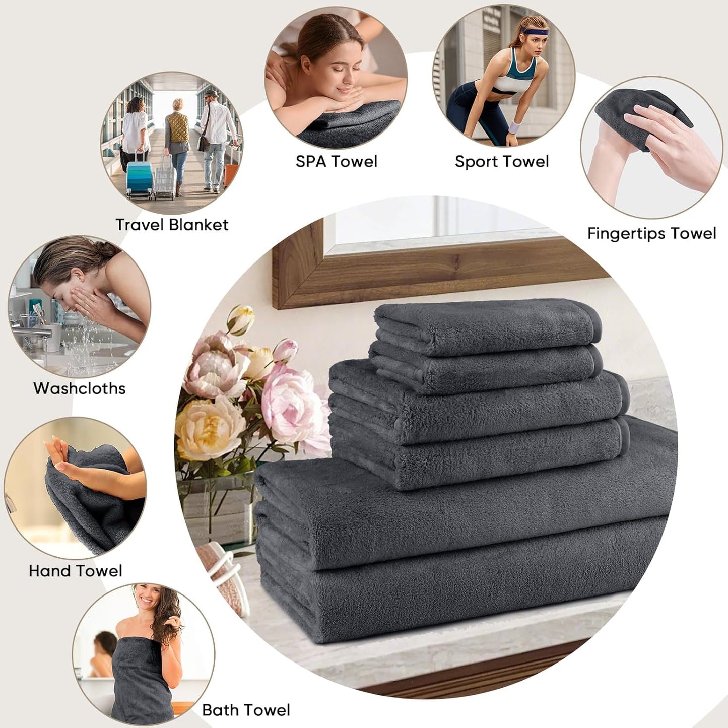 Orighty 6-Piece Towel Set - Soft & Lightweight - 2 Bath Towels, 2 Hand Towels, and 2 Wash Cloths - Absorbent & Quick Drying Microfiber Towel for Multipurpose, Bathroom, Gym, Sport, Yoga, Travel-Grey