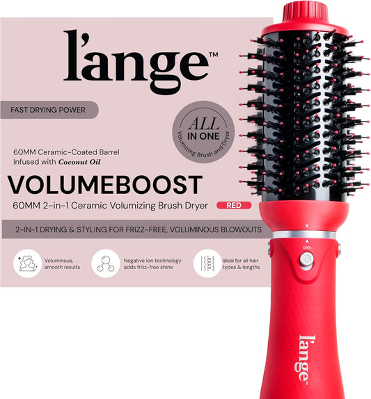 L'ANGE HAIR VolumeBoost 60mm 2-in-1 Ceramic Volumizing Brush Dryer | Fast Drying & Styling for Frizz-Free, Voluminous Blowouts | Ceramic-Coated Barrel (Red)