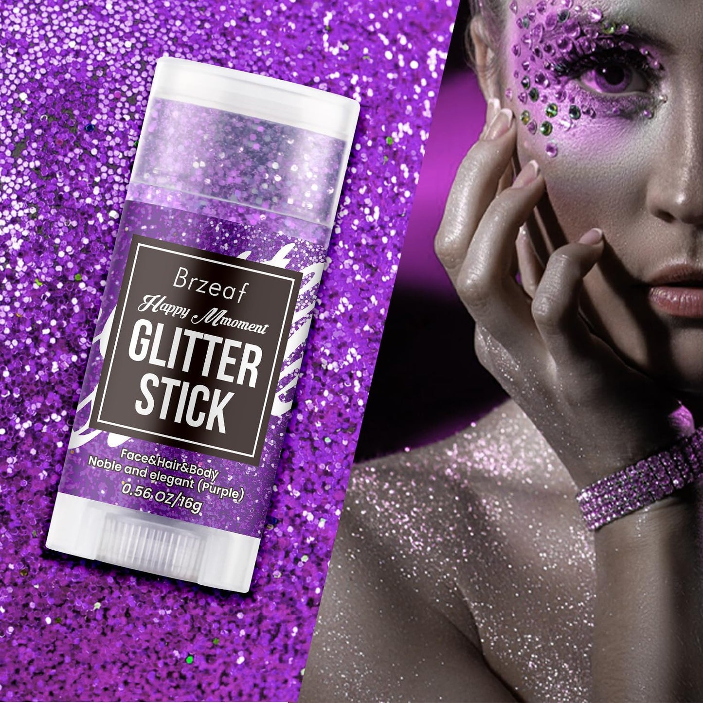 Brzeaf Waterproof Purple Glitter Stick, Not Greasy & Shimmery & Long Lasting, Chunky Glitter for Face/Body/Hair/Eyes, Singer Concert Music Halloween Rave Festival, Glitter Stick Makeup for Women Men
