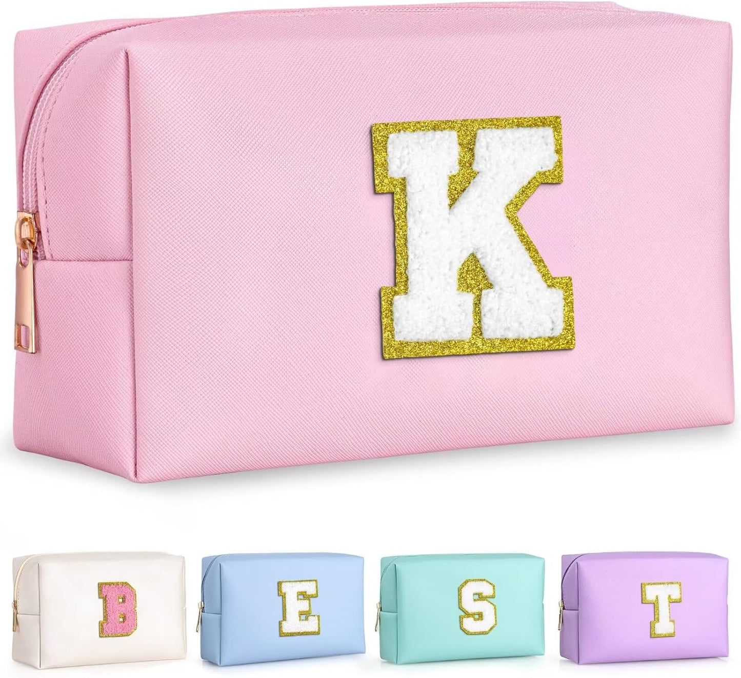 TOPEAST Initial Cosmetic Bag, PU Leather Waterproof Travel Toiletry Bag, Monogrammed Gifts for Women, Personalized Birthday Gift for Sister Friends, Cute Stuff for Girls (Pink K)