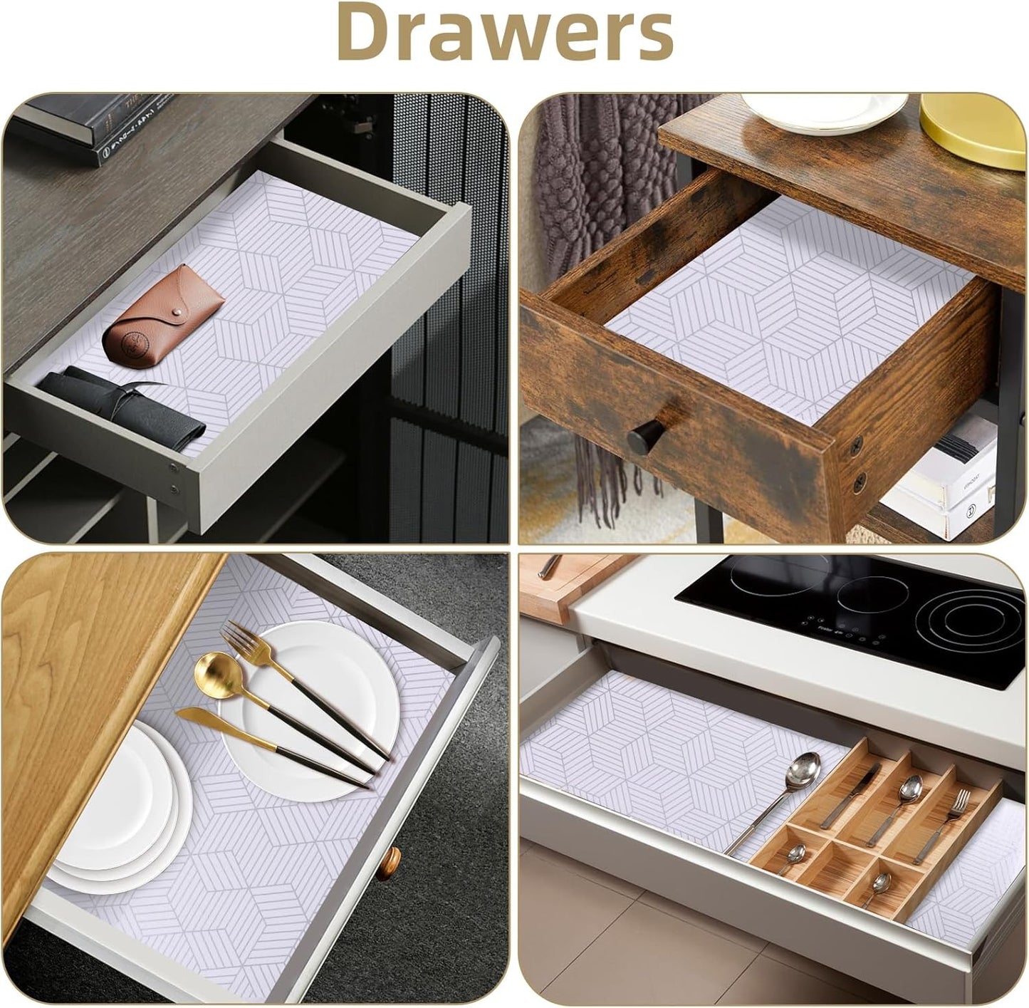 Shelf Liners for Kitchen Cabinets 24in x 30FT, Non Adhesive Cabinet Liner Strong Non-Slip Thickened Silver Geometric Easy to Clean for Shelf, Cabinet, Refrigerator with Knife and Tape Measure