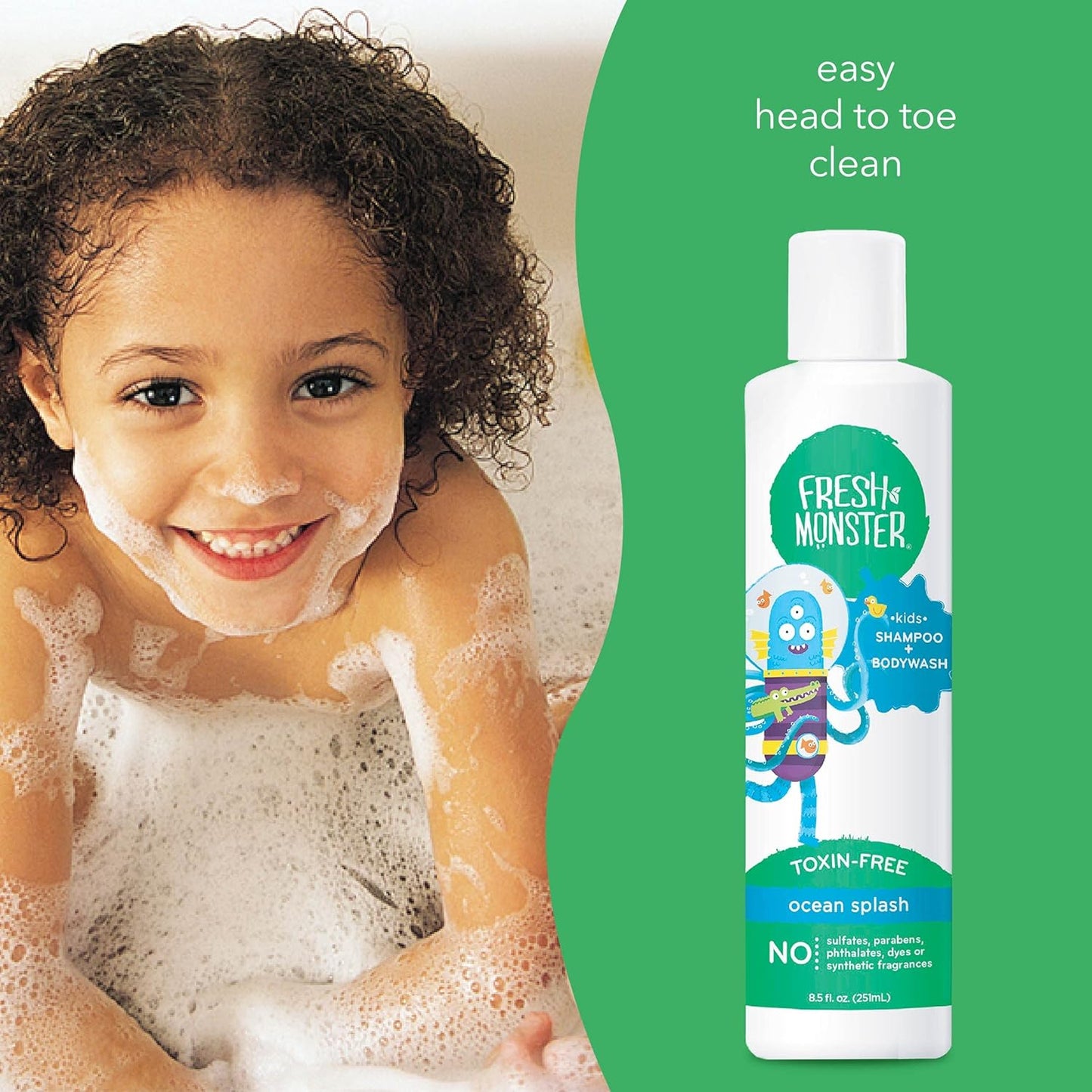 Fresh Monster 2-in-1 Kids Shampoo & Body Wash, Ocean Splash - 8.5oz, Toxin-Free, Hypoallergenic, Natural & PETA Certified Cruelty-Free, Unisex