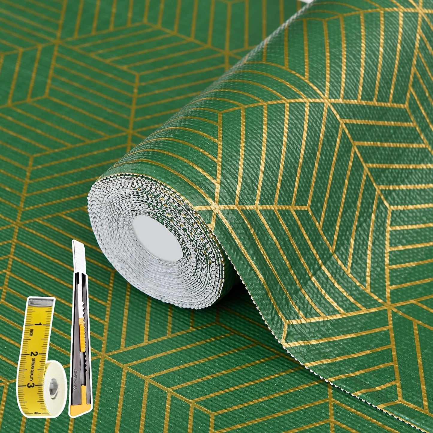 Shelf Liners for Kitchen Cabinets 12in x 20FT, Non Adhesive Cabinet Liner Strong Non-Slip Thickened Gold Green Geometric Drawer Liner, Easy to Clean for Shelf, Cabinet with Knife and Tape Measure