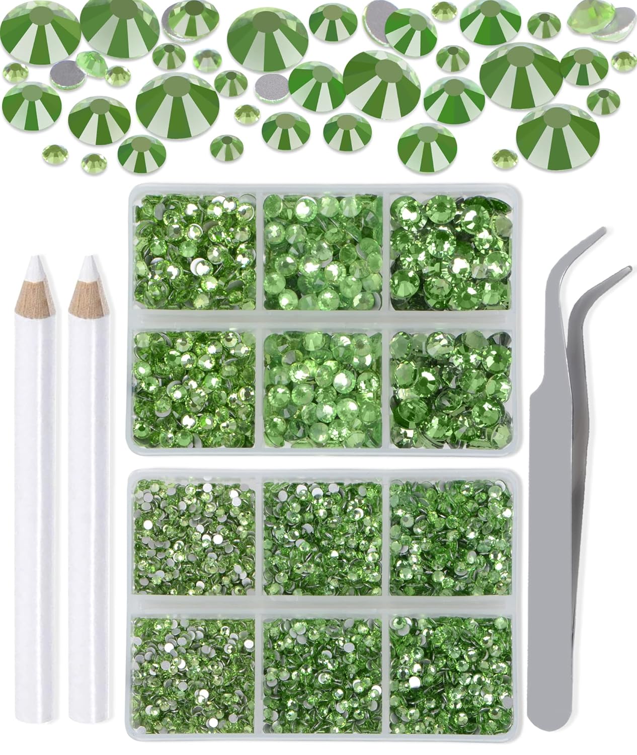 LPBeads 6000 Pieces Light Green Non Hotfix Rhinestones 6 Sizes Round Crystal Glass Flat Back Rhinestones with Tweezers and Picking Pen for Nail Art Crafts Bags DIY