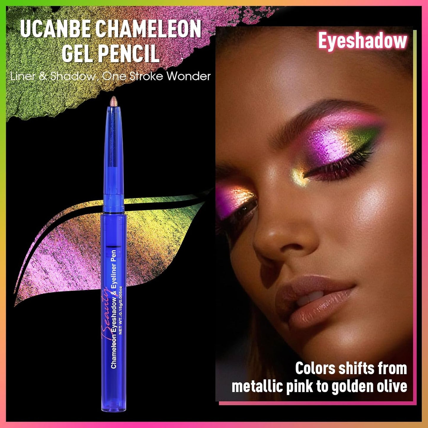 UCANBE Chameleon Eyeshadow & Eyeliner Gel Pencil - Multichrome Shifting Colors Metallic Glitter Eye Makeup,Waterproof Long-Lasting Smudge-Proof Multi-Dimensional Color (Metallic Pink to Golden Olive)