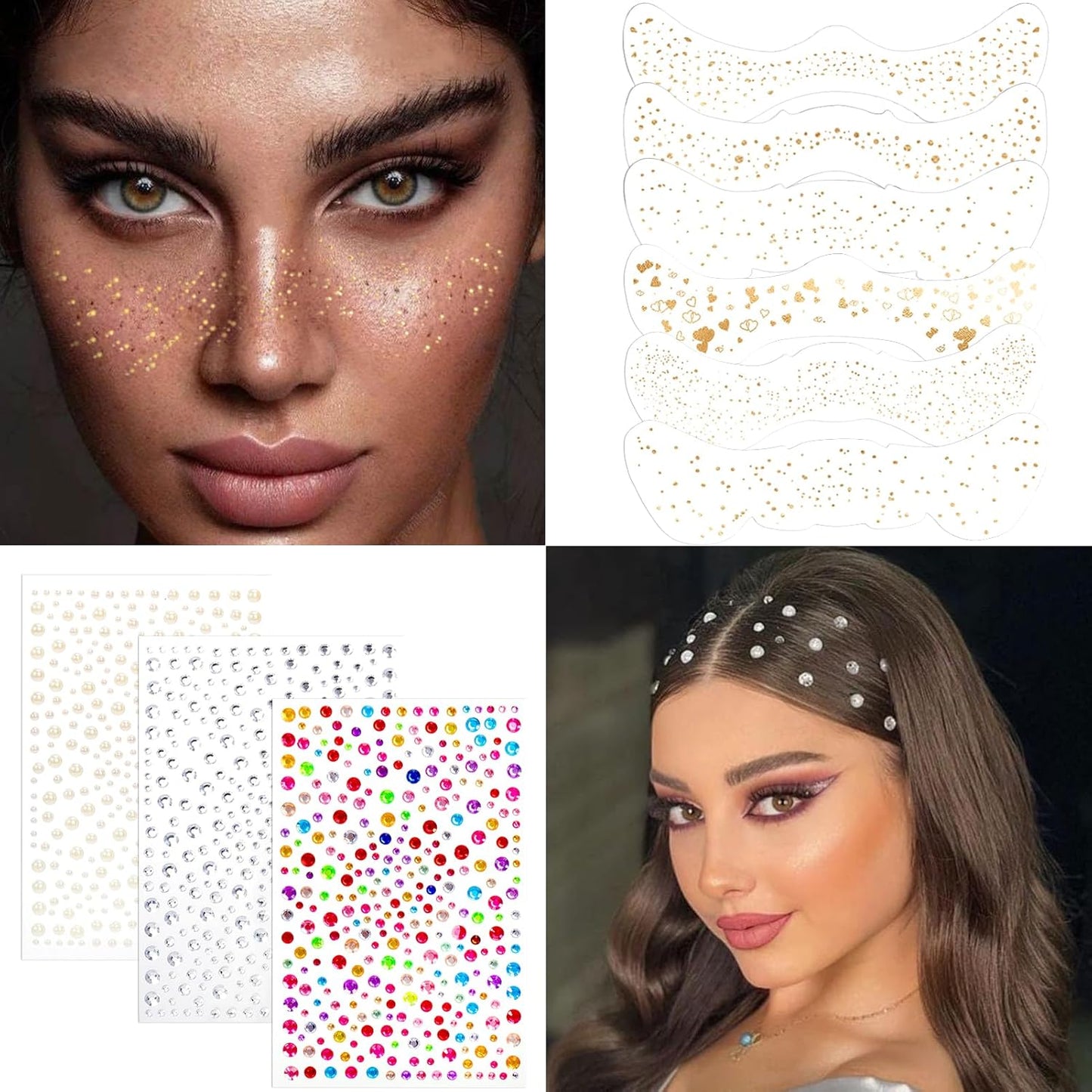XANGNIER Glitter Freckles Face Tattoo,9 Sheets Face Glitter Makeup Sparkles Stickers for Women,Gold Silver Jewels Gems Half Magic Stickers for Fairy Accessories,Rave Festival Trinkets Accessories