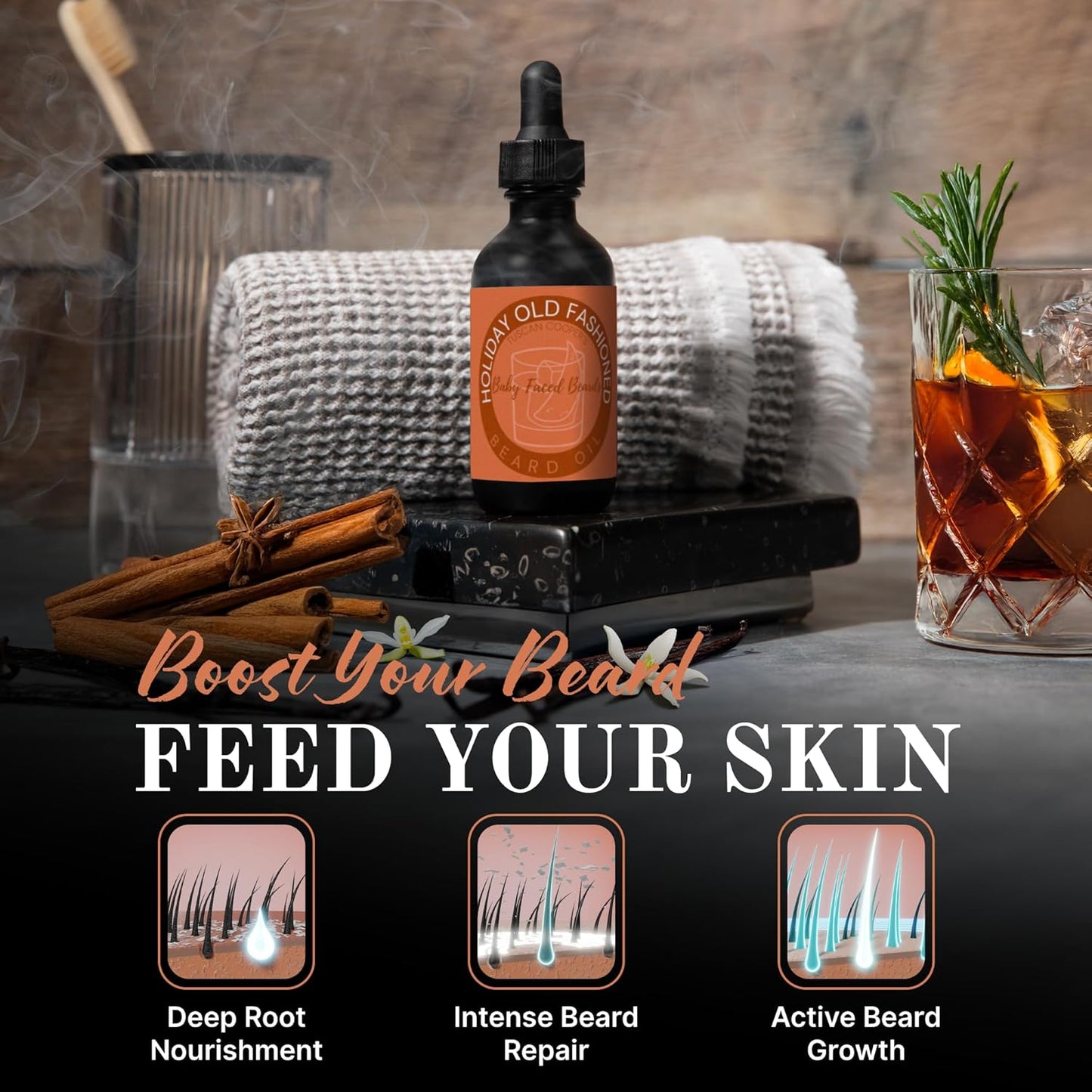 Tuscan Cooper's Baby Faced Beards Oil for Men - Hydrating, Nourishing, Natural Beard Softener and Conditioner for All Hair Types. Coconut, Jojoba, and Sweet Almond Moisture - Holiday Old Fashioned