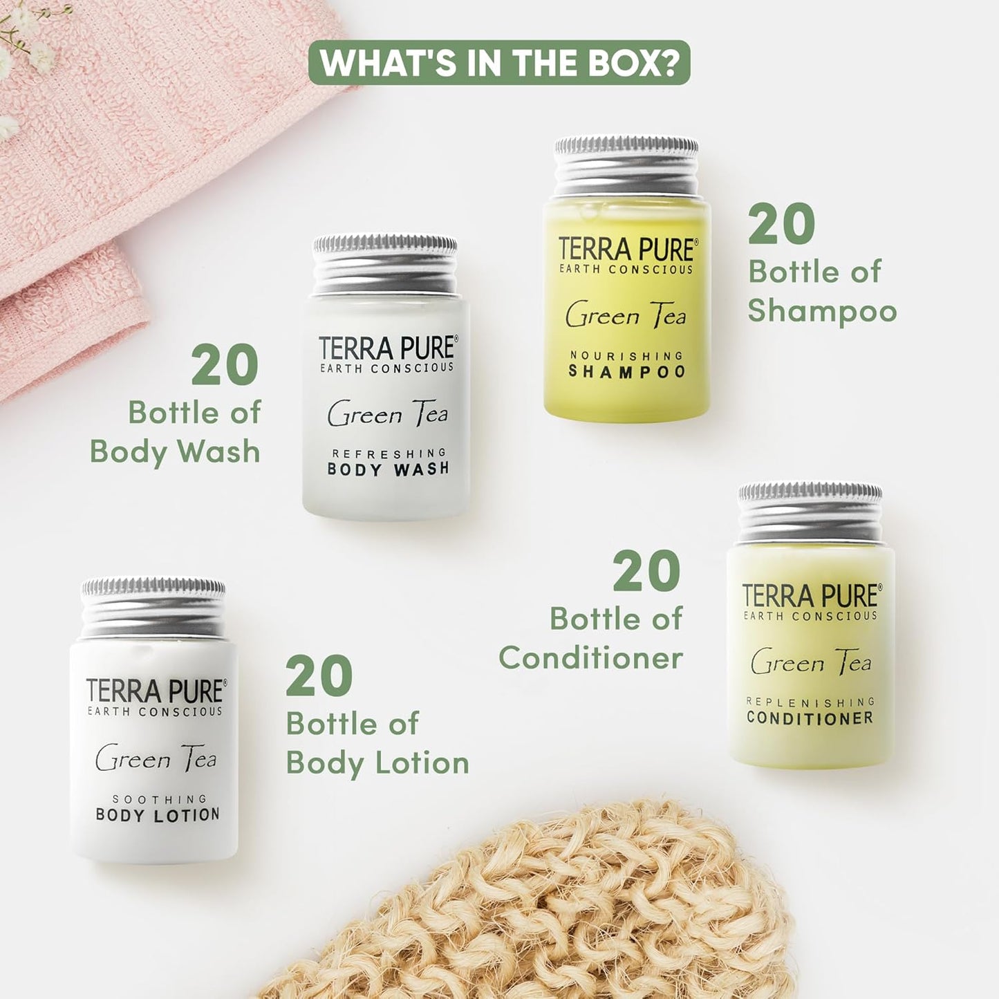 Terra Pure Green Tea Toiletries Set | 1-Shoppe Amenities Kit | 1oz Shampoo & Conditioner, Body Wash, Lotion | Travel Size | 80 Pieces