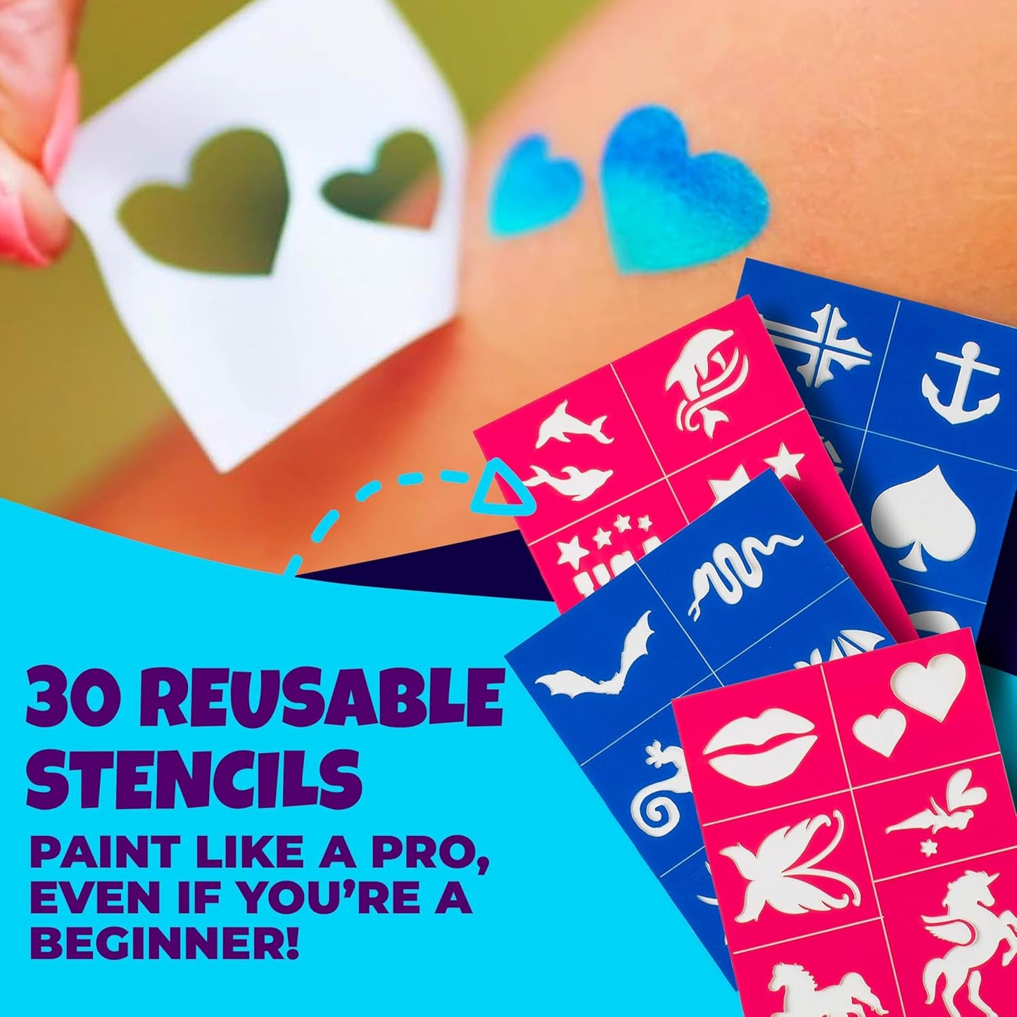 Blue Squid UV Neon Face and Body Paint Glow in the Dark Face Paint Kit 20 Colors Black Light with Stencils, Book - Safe for Sensitive Skin, Non-Toxic UV Painting Professional Accessories Kids Adults