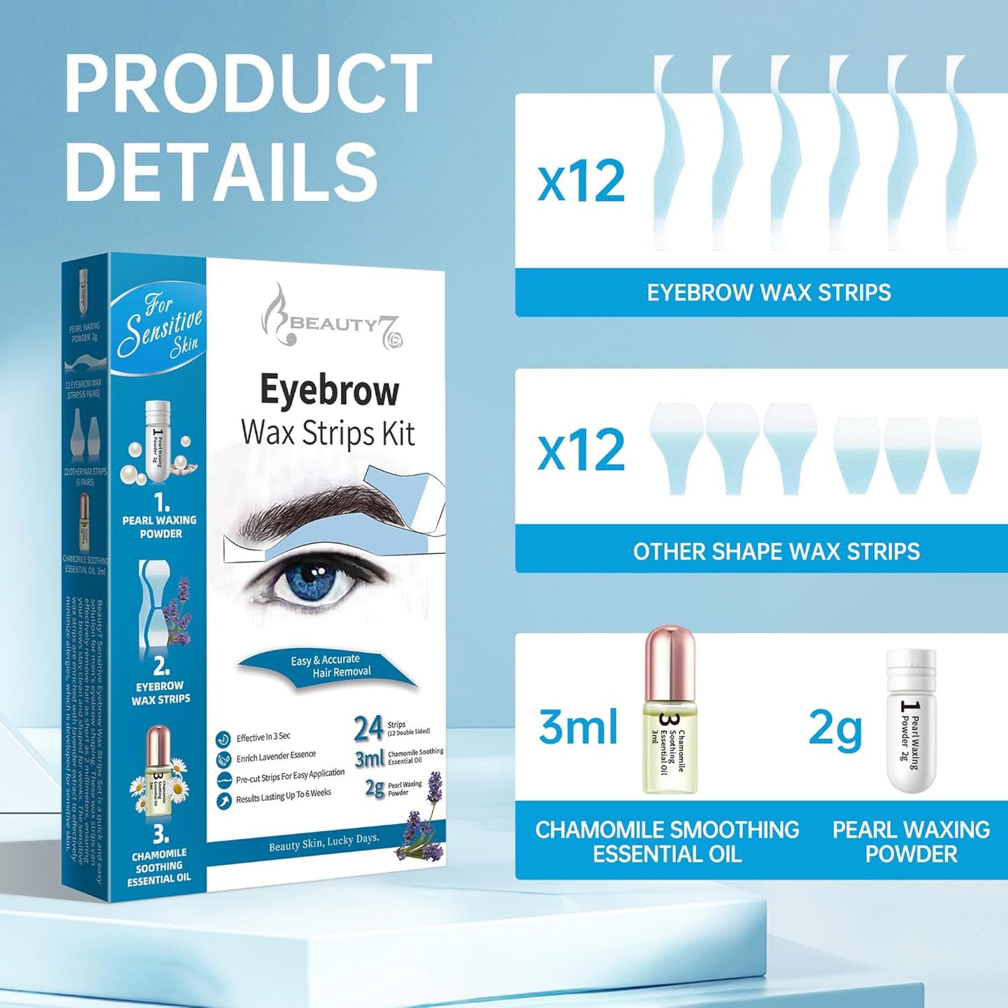 Beauty7 Men's Sensitive Eyebrow Wax Strips, Eyebrow Waxing Strips, 24 Strip with Pearl Powder Essential Oil, for Sensitive Skin