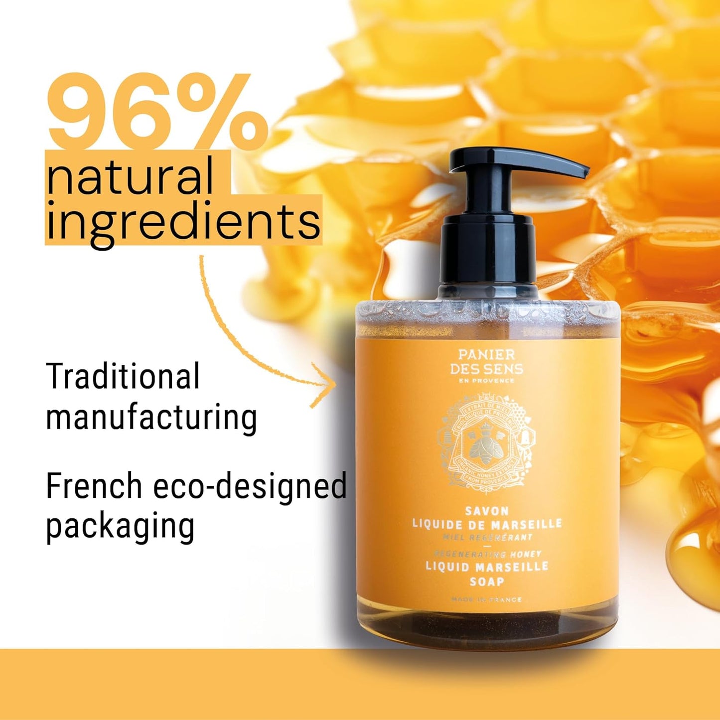 Panier des Sens - Moisturizing Hand Soap - Honey Fragrance - French Traditional Savon de Marseille Soap with Coconut Oil - Refillable Kitchen & Bathroom Soap - 16.9 Fl.oz Liquid Hand Wash 97% Natural