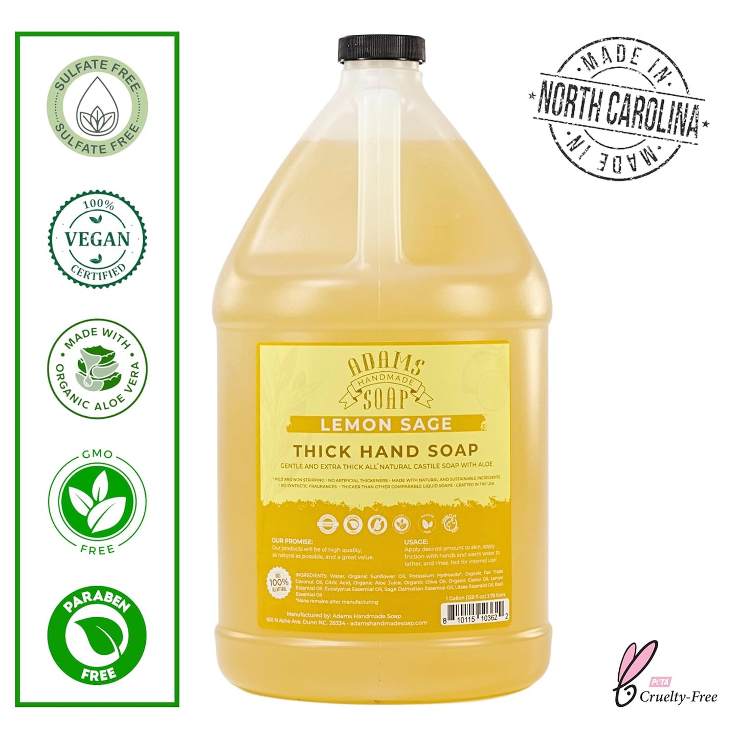 Adams Handmade Soap Thick Organic Castile Liquid Hand Soap 1 Gallon Refill - Lemon Sage