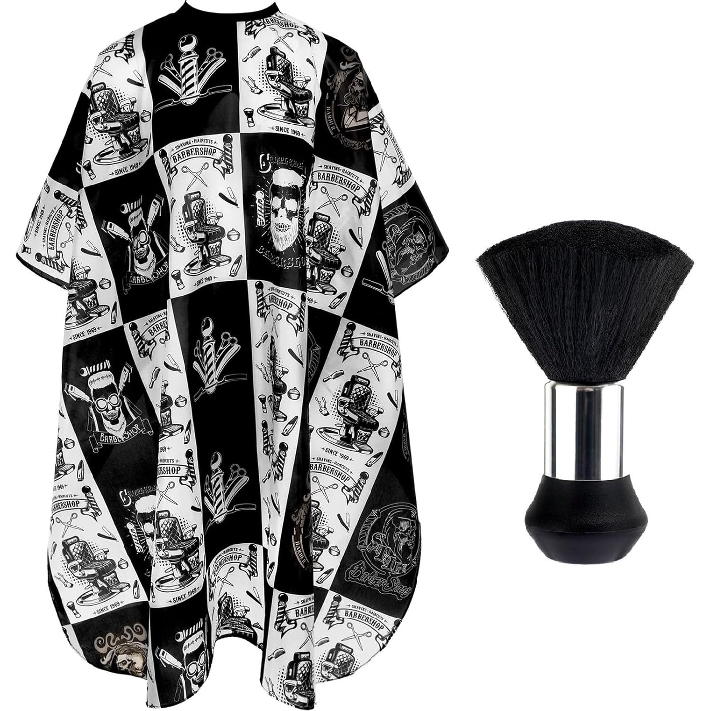 FEBSNOW Hair Cutting Cape Kit,Professional Barber Cape with Neck Duster Brush for Adults Waterproof Salon Cape with Adjustable Closure Snap Salon Barber Supplies 47x55 Inches(Black and White Plaid)