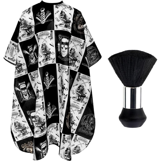 FEBSNOW Hair Cutting Cape Kit,Professional Barber Cape with Neck Duster Brush for Adults Waterproof Salon Cape with Adjustable Closure Snap Salon Barber Supplies 47x55 Inches(Black and White Plaid)