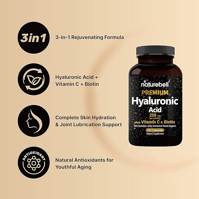 NatureBell 2 Pack Plant Based Hyaluronic Acid Supplements 250mg with 25mg Vitamin C & Biotin 5000mcg, 480 Total Capsules | Essential for Hair Growth, Joint Support, & Hydrating Skin | Non-GMO
