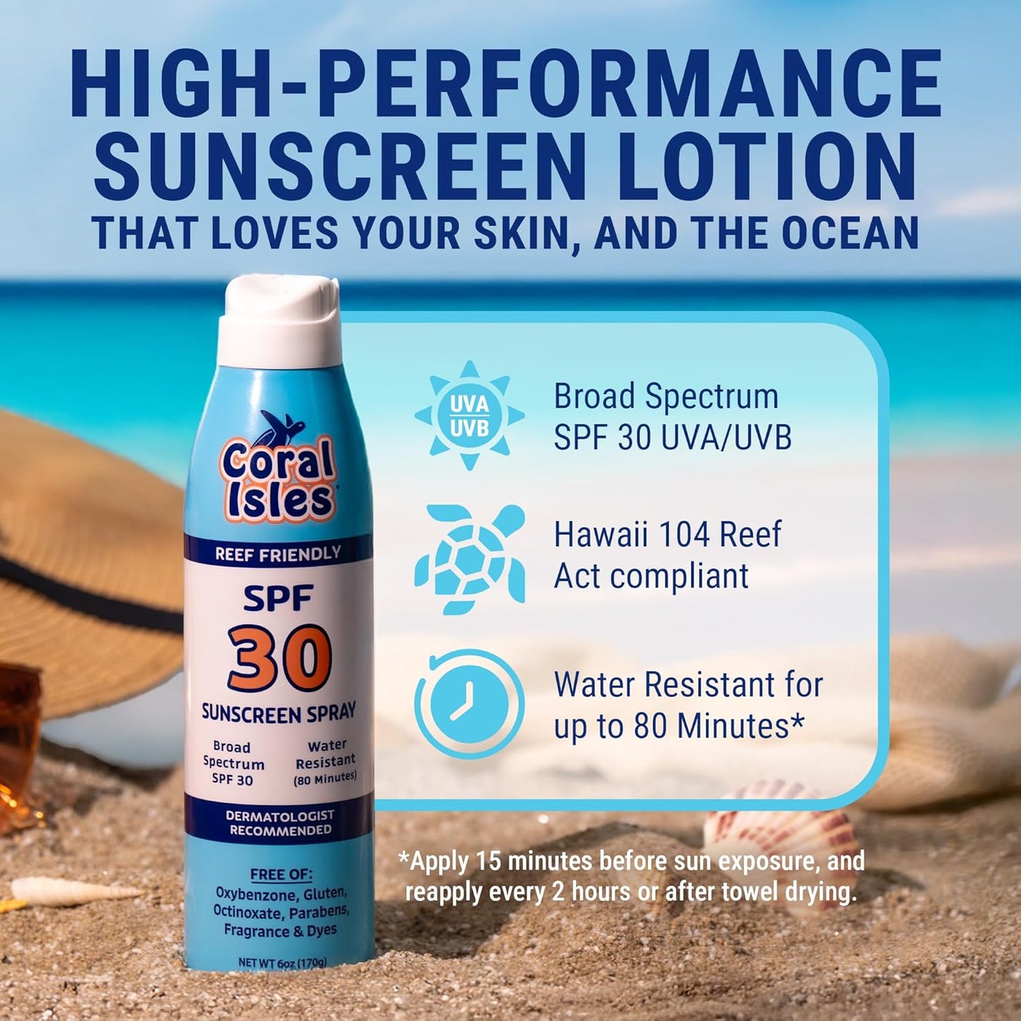 Coral Isles SPF 30 Sunscreen Spray - Hawaii Compliant - Oxybenzone & Octinoxate Free - Broad Spectrum - Water Resistant, 6 Fl Oz (Pack of 2)